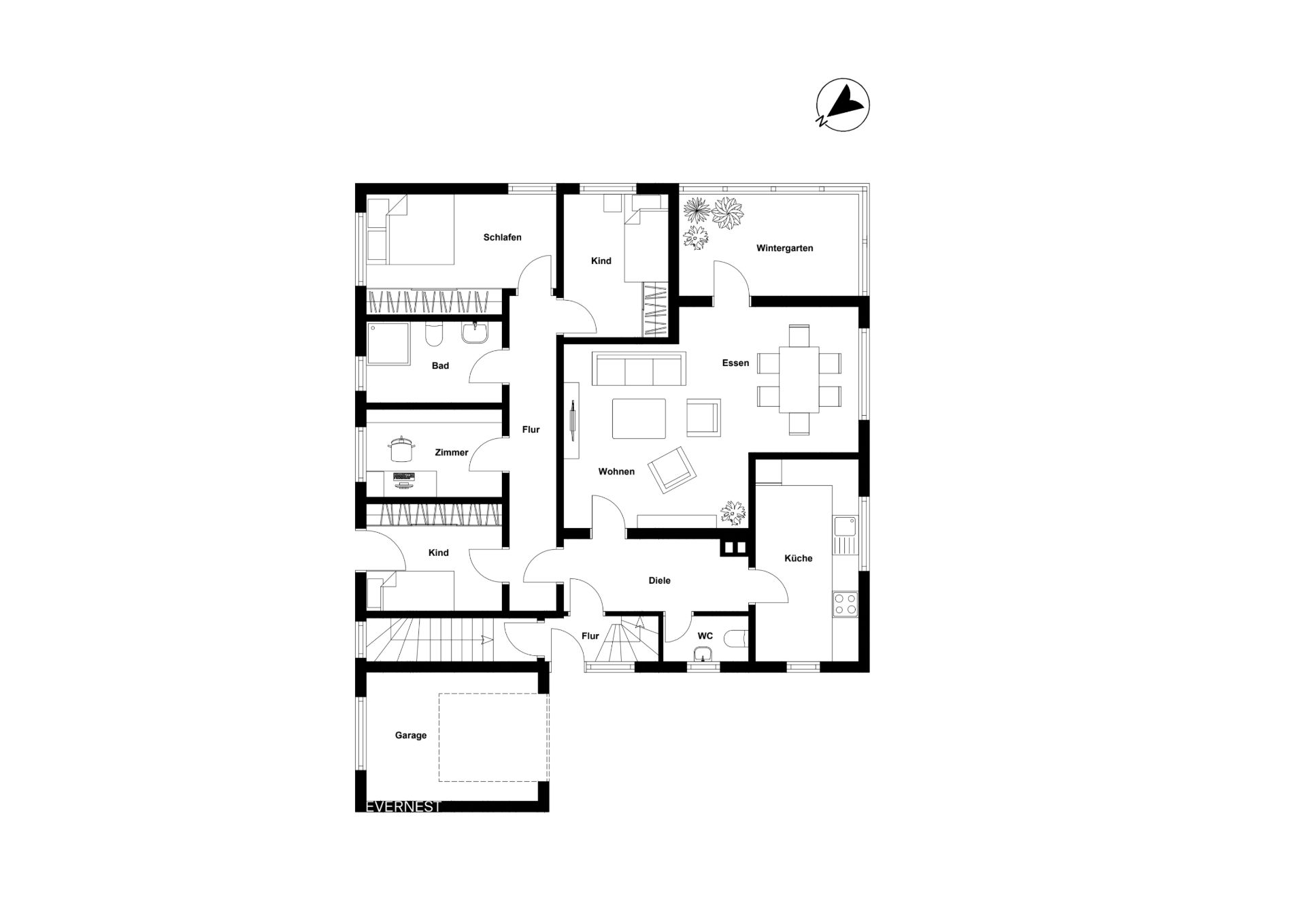 Grundriss eines Hauses mit Schlafzimmer, Kinderzimmern, Küche, Wohnzimmer und Garage.