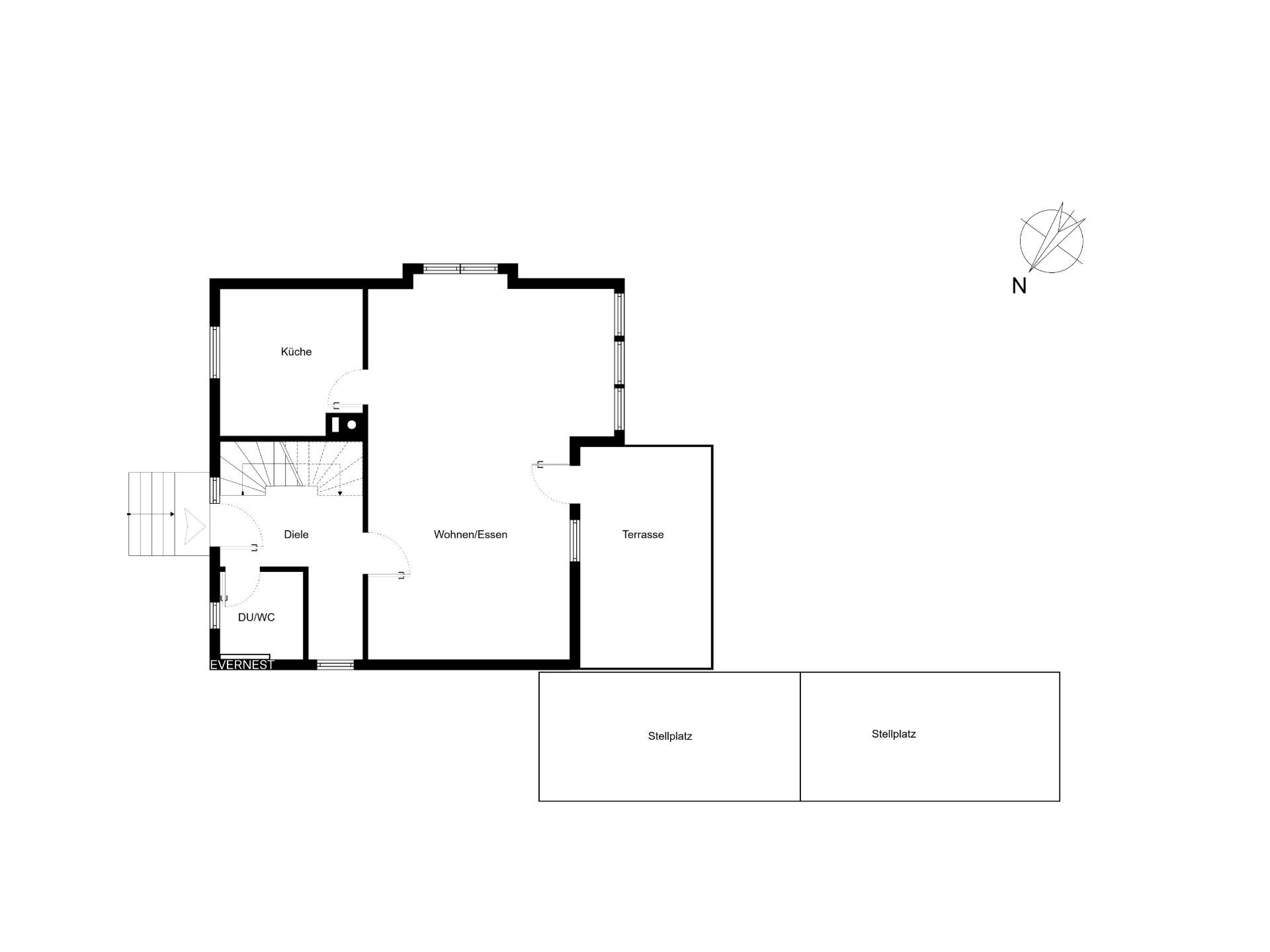 Grundriss mit Küche, Wohn-/Essbereich, Diele, Duschbad, Terrasse und zwei Stellplätzen.