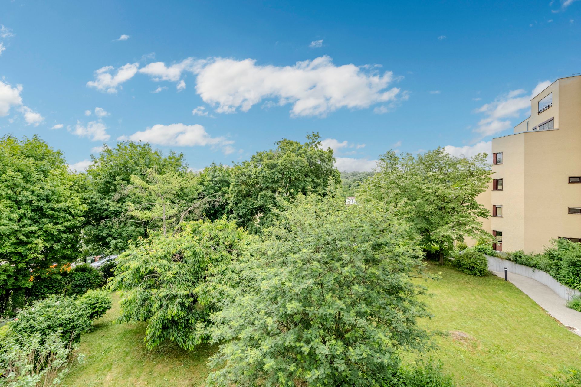 Blick auf einen grünen Garten mit vielen Bäumen neben einem Wohngebäude unter blauem Himmel.