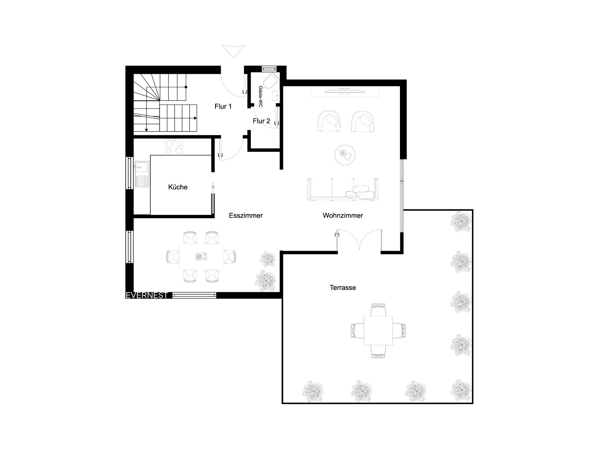 Grundriss mit Küche, Esszimmer, Wohnzimmer, Flur und großer Terrasse.