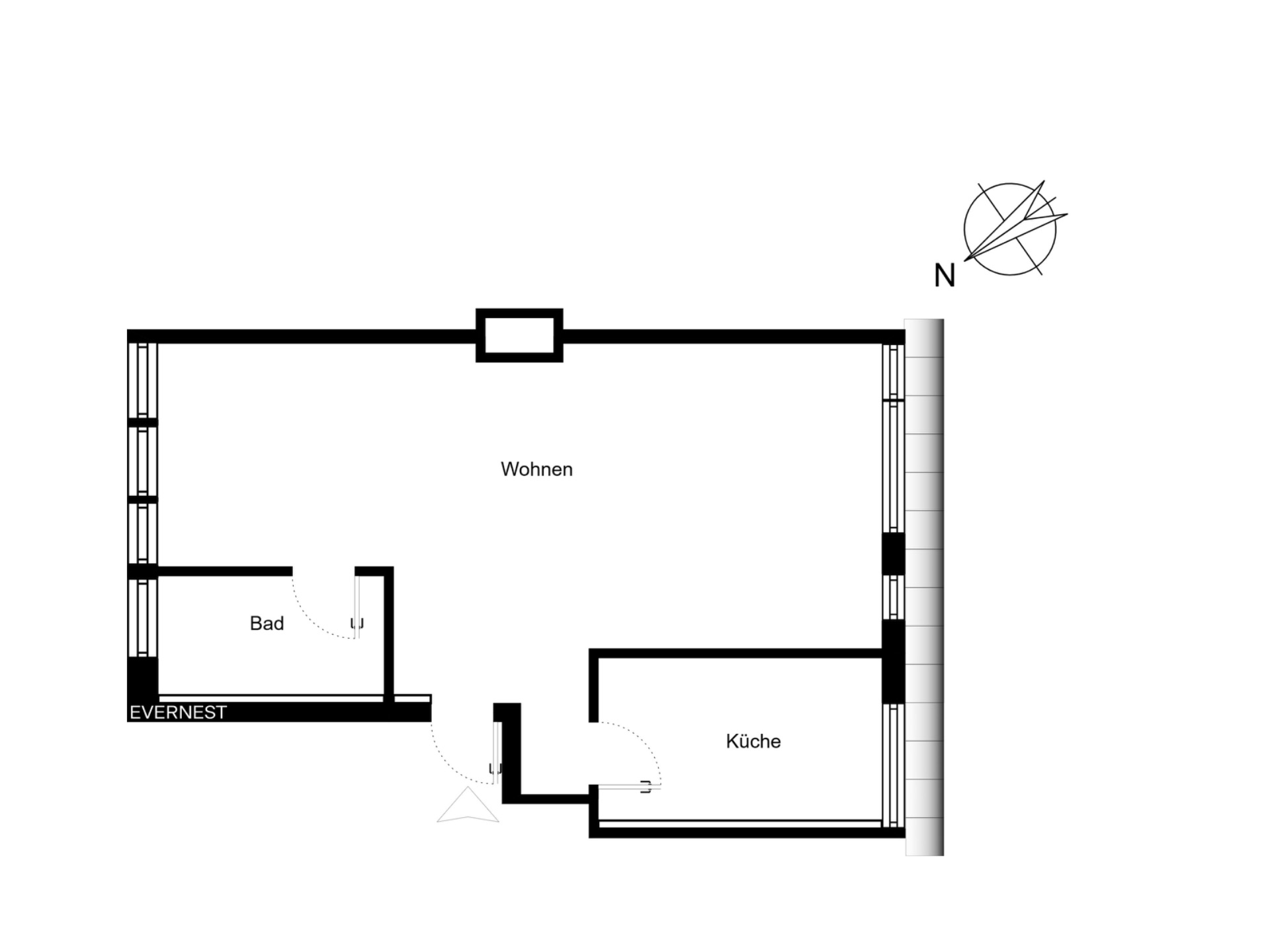 Grundriss einer Wohnung mit Wohnbereich, Bad und Küche.