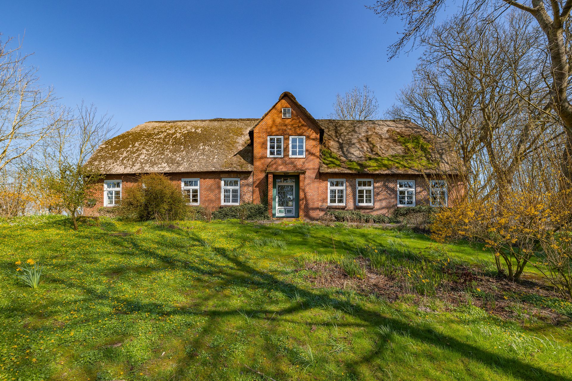 Backsteinhaus mit Reetdach, vielen Fenstern und Garten, umgeben von Bäumen und Wiese.