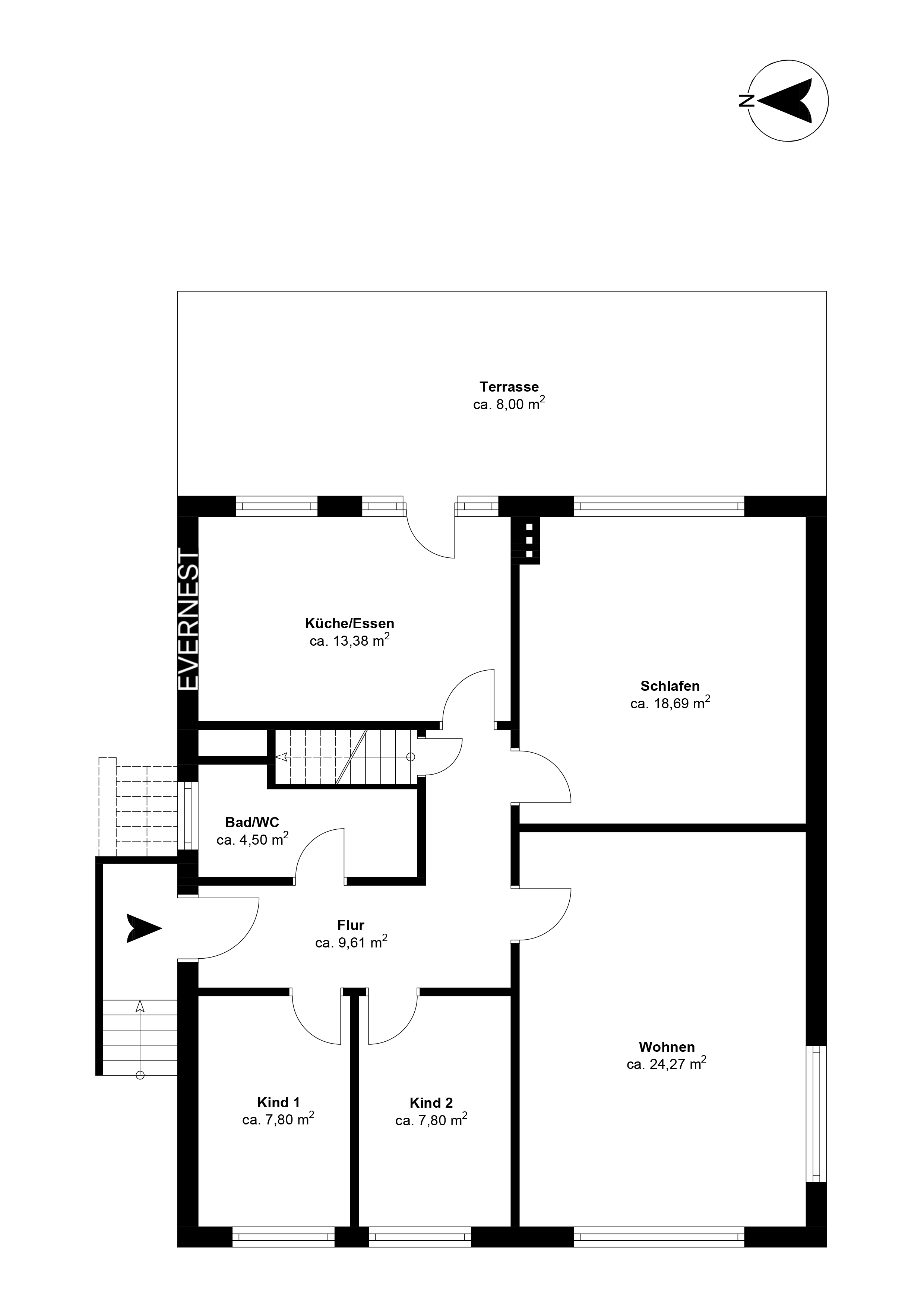 Grundriss einer Wohnung mit Terrasse, Küche, Bad, Flur, zwei Kinderzimmern, Schlafzimmer und Wohnzimmer.