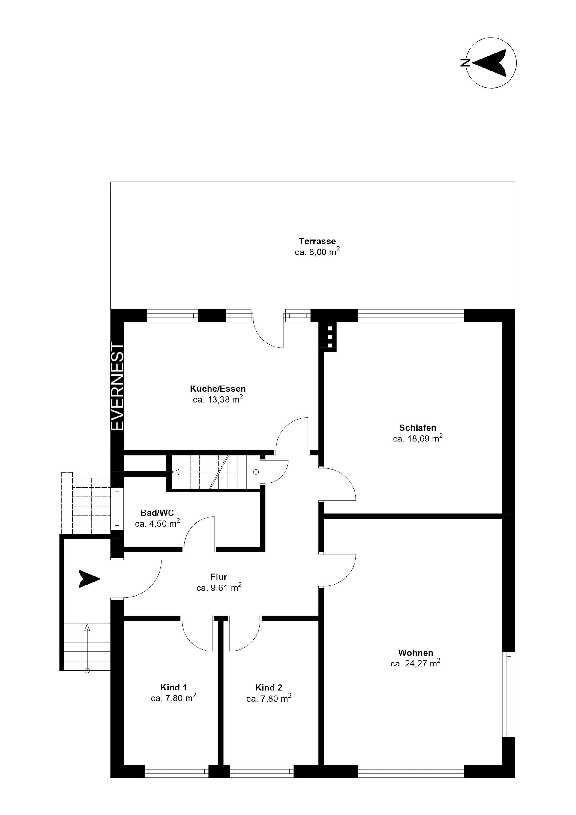 Grundriss einer Wohnung mit Terrasse, Küche, Bad, Flur, zwei Kinderzimmern, Schlafzimmer und Wohnzimmer.