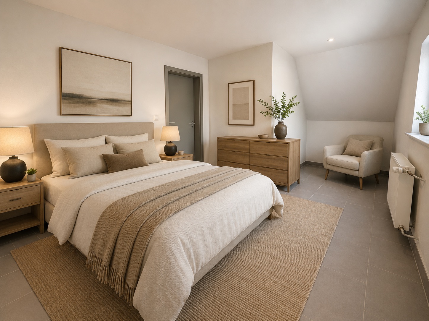 Helles Schlafzimmer mit Doppelbett, Kommode, Sessel und Nachttischen, neutral dekoriert.