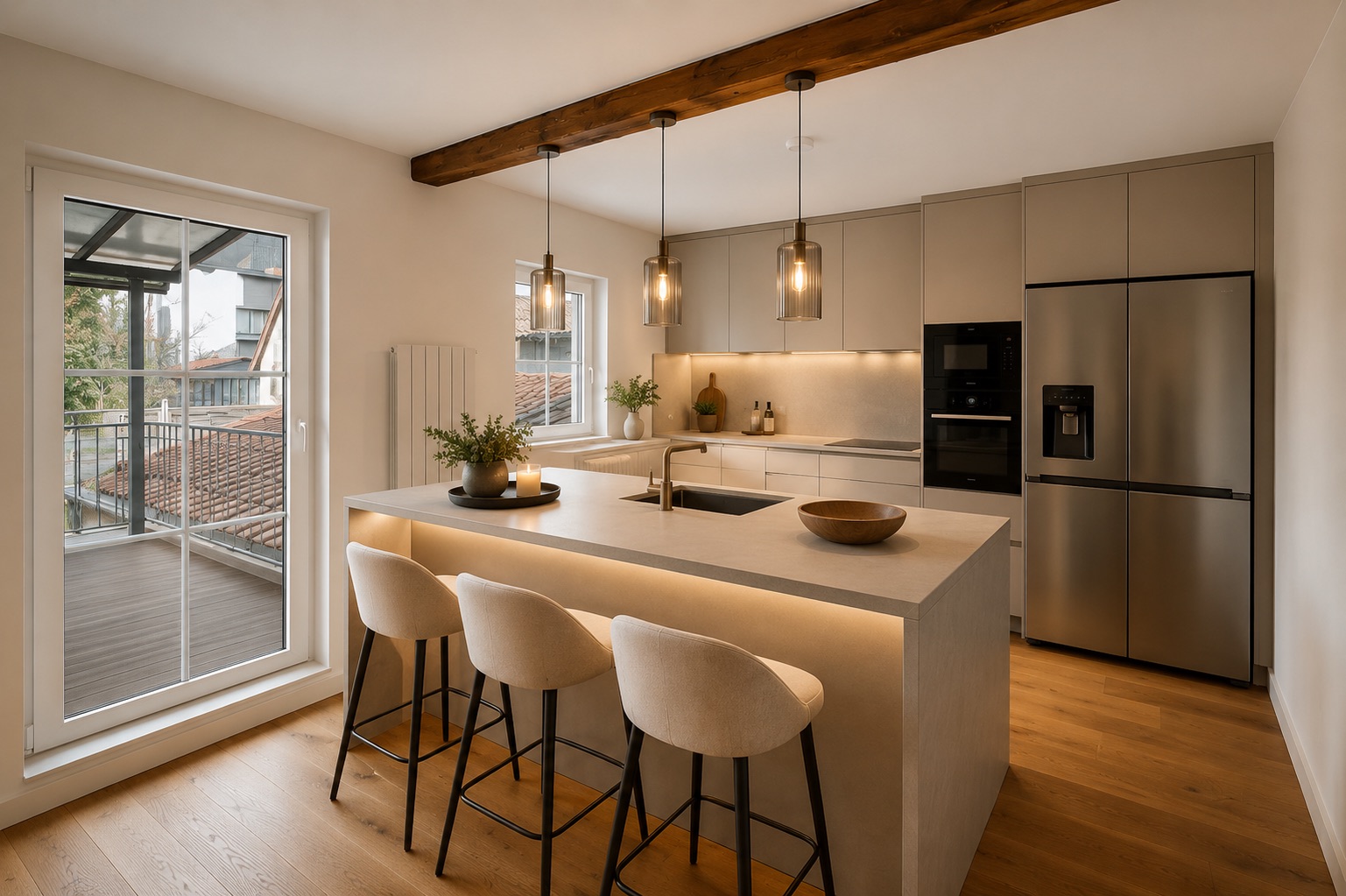 Moderne Küche mit Kochinsel, drei Stühlen, Hängelampen und großem Fenster zum Balkon.