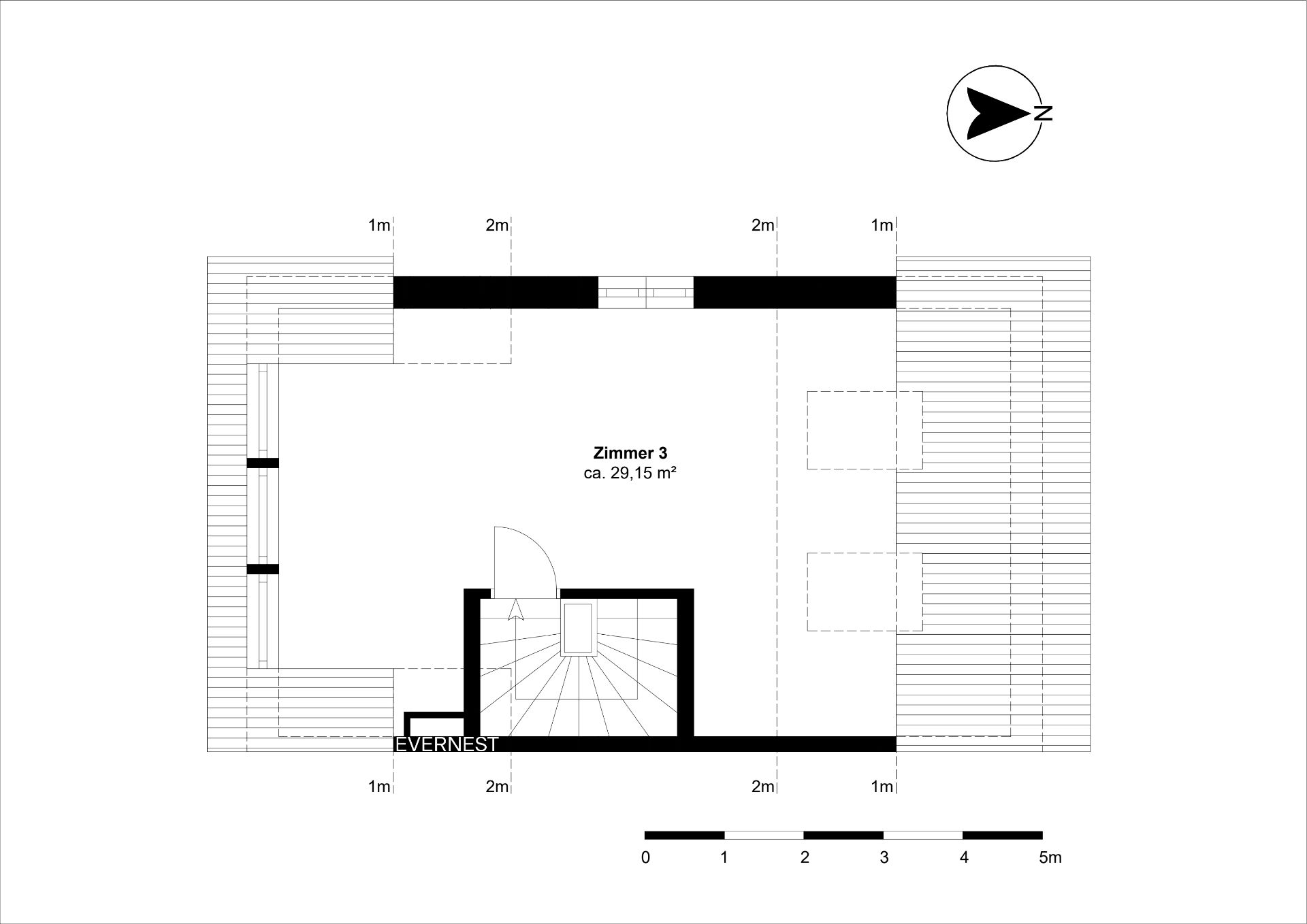 Grundriss eines Zimmers mit Treppenaufgang und Maßangaben, Raumgröße ca. 29 qm.