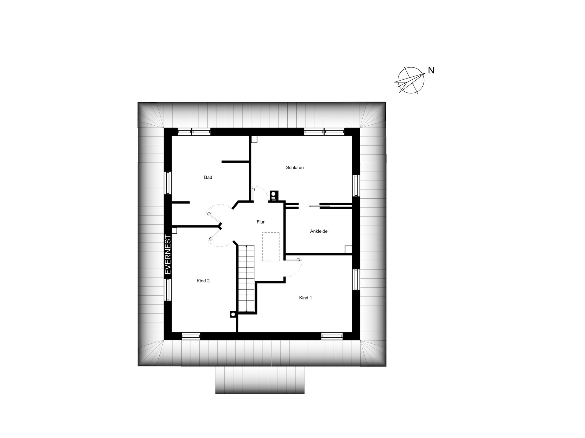 Grundriss eines Obergeschosses mit Schlafzimmer, Ankleide, zwei Kinderzimmern und Bad.
