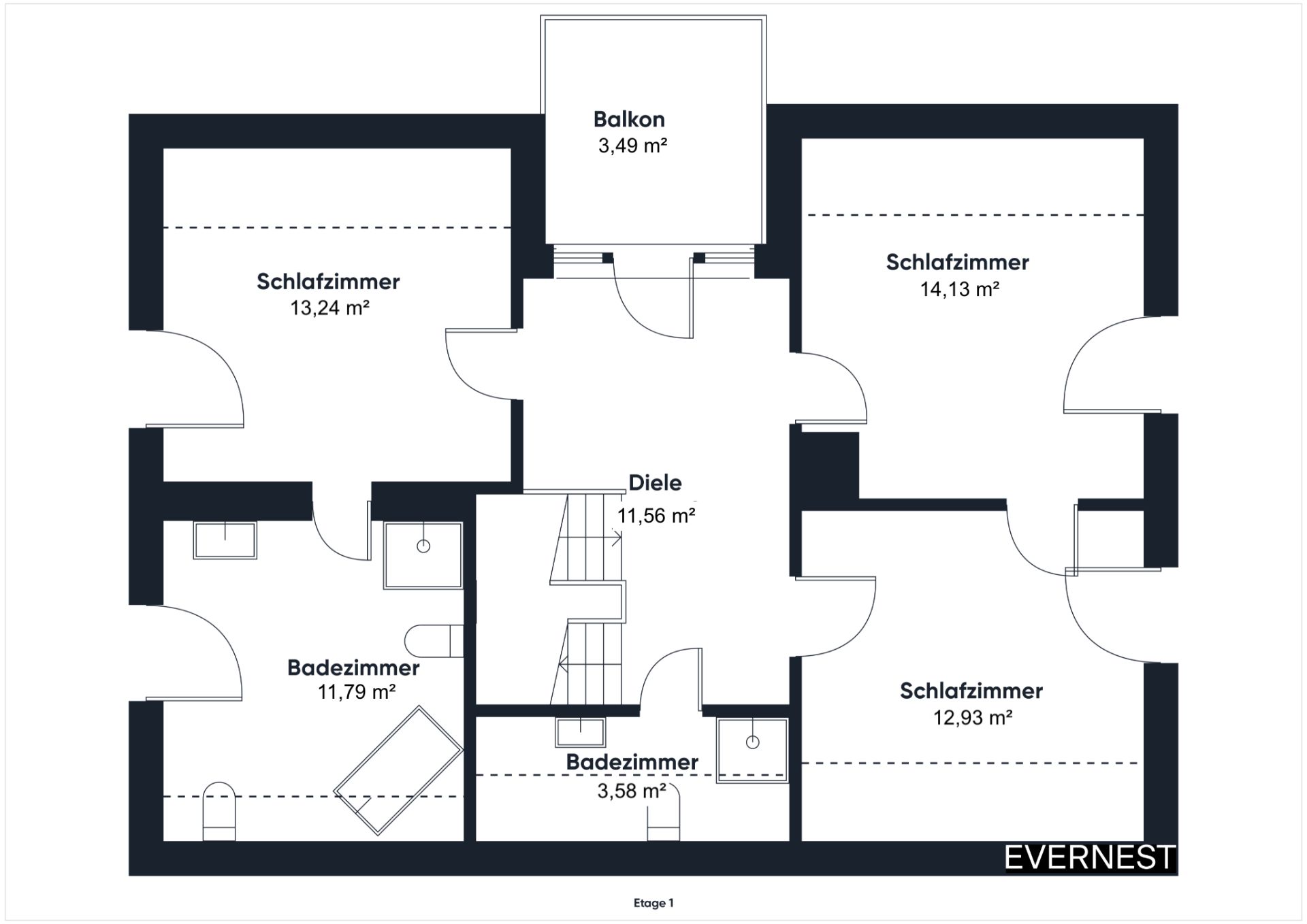 Grundriss mit drei Schlafzimmern, zwei Bädern, Flur und Balkon.