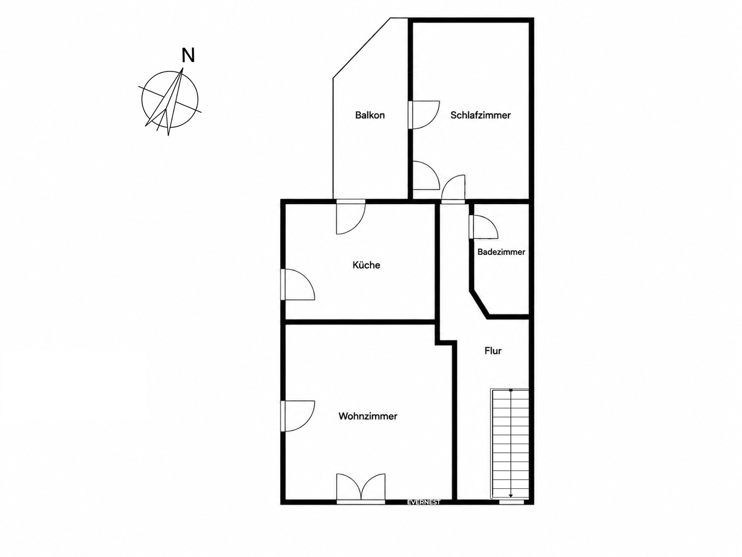 Wohnungsgrundriss mit Wohnzimmer, Küche, Schlafzimmer, Badezimmer, Flur und Balkon.