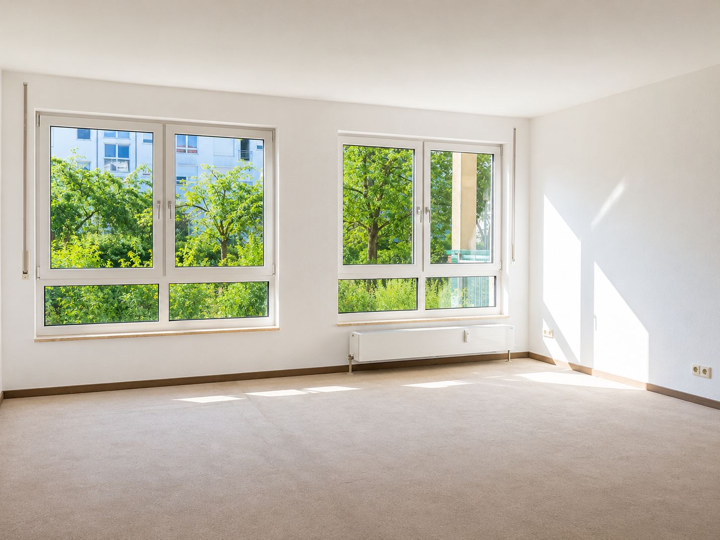 Helles, leeres Zimmer mit großen Fenstern und Blick ins Grüne.