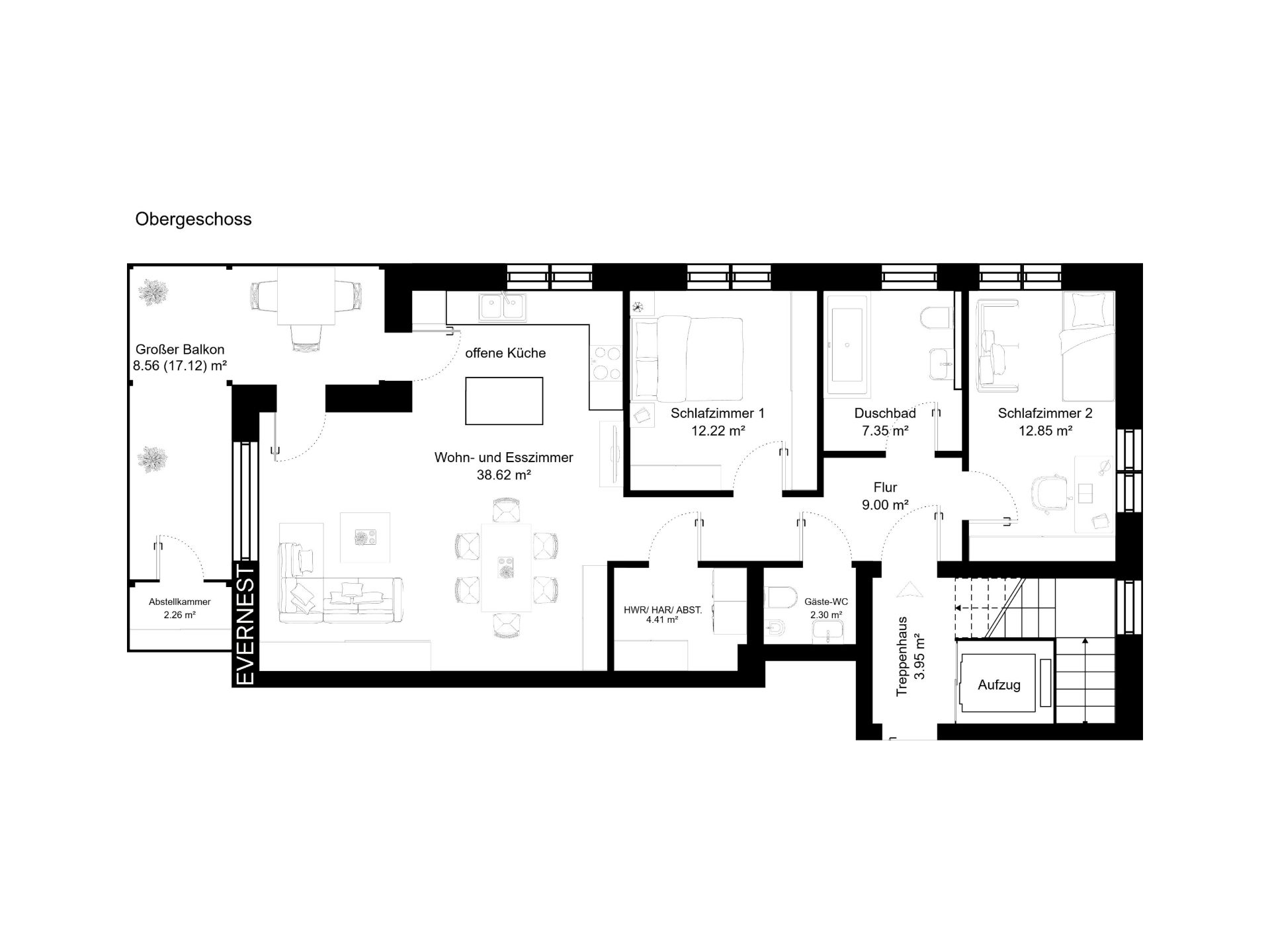 Grundriss einer Wohnung mit zwei Schlafzimmern, großem Balkon, Wohn-Esszimmer, Küche und Bad.