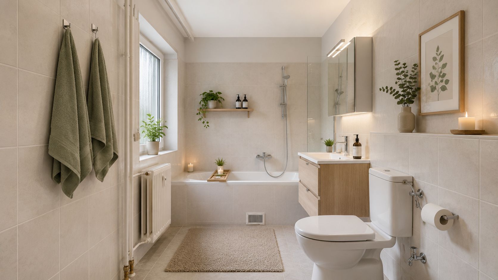 Modernes Badezimmer mit Badewanne, Toilette, Waschbecken, Handtüchern und Pflanzen.