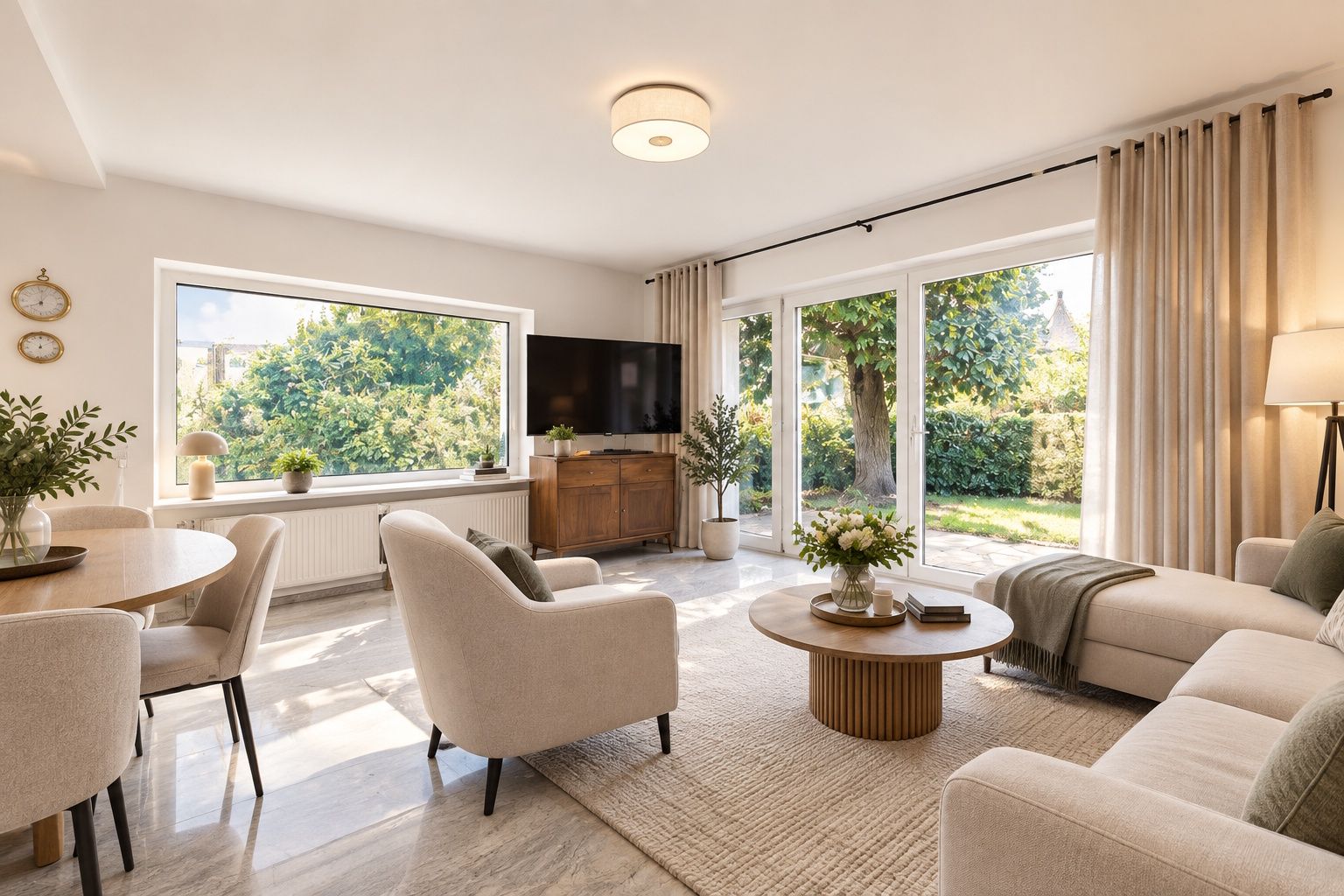 Helles Wohnzimmer mit Sofa, Sesseln, rundem Tisch und Fenstern mit Blick ins Grüne.
