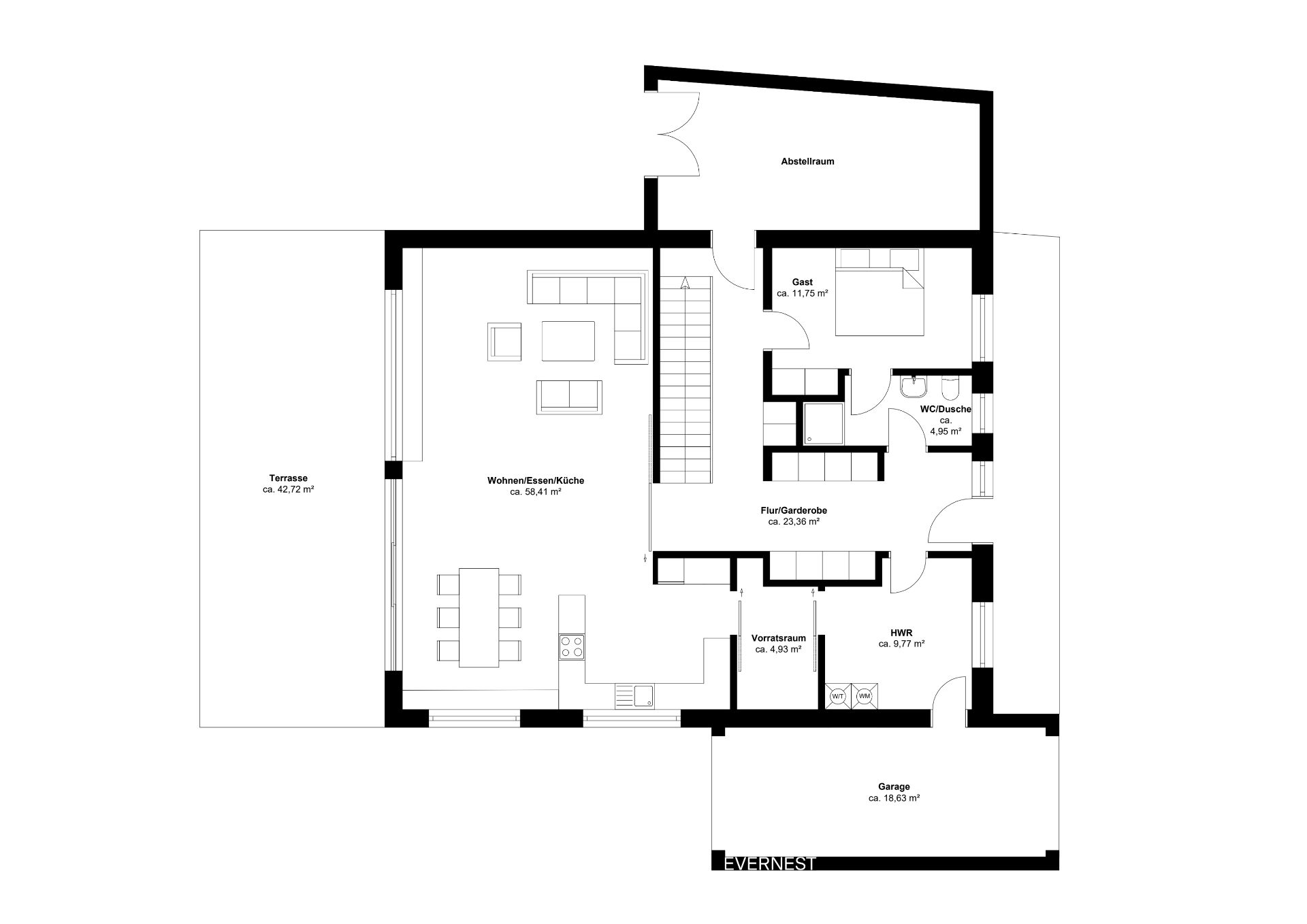 Grundriss eines Hauses mit Wohnküche, Terrasse, Gästezimmer, Bad, Flur und Garage.