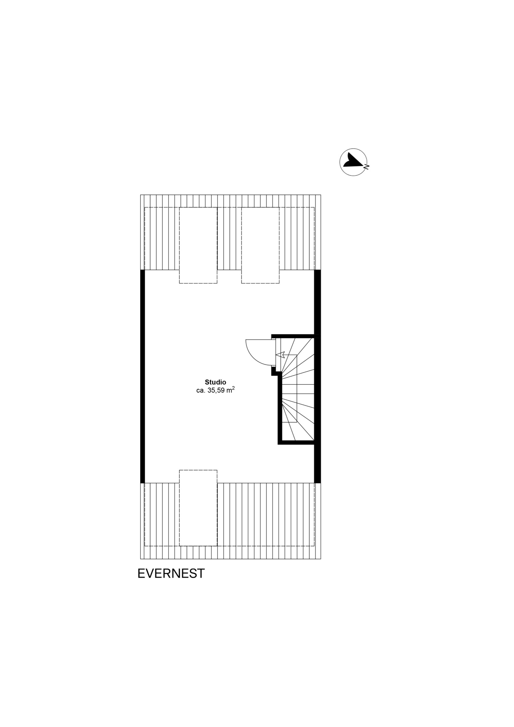 Grundriss eines Studios mit ca. 35,6 m² und Treppe, Balkonflächen oben und unten.