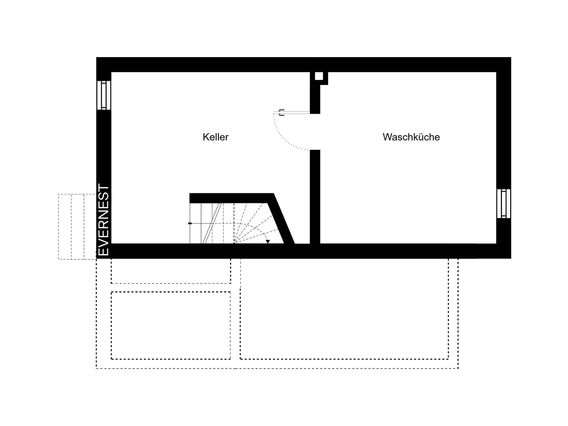 Grundriss mit Keller und Waschküche, durch eine Wand getrennt, Treppe zu beiden Räumen.