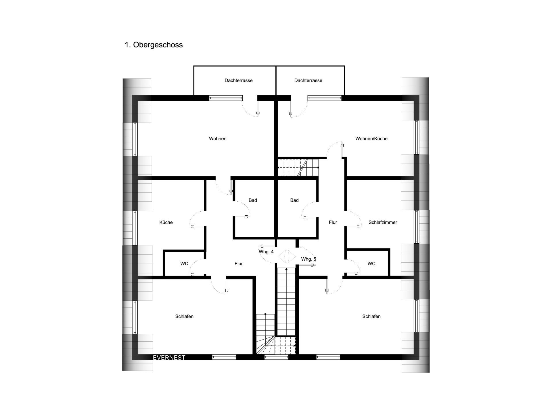 Grundriss eines Obergeschosses mit mehreren Zimmern, zwei Dachterrassen und zentraler Treppe.