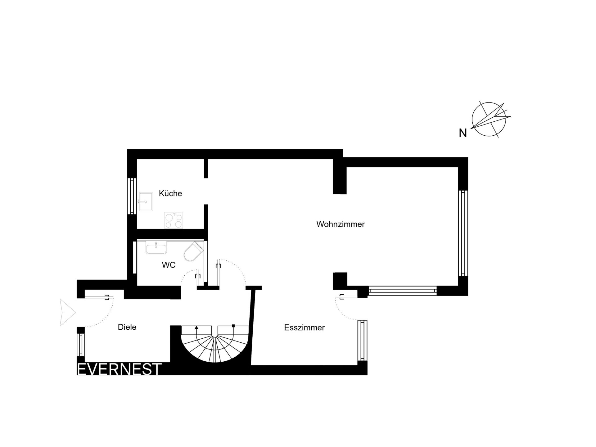 Grundriss mit Diele, Küche, WC, Wohnzimmer und Esszimmer.