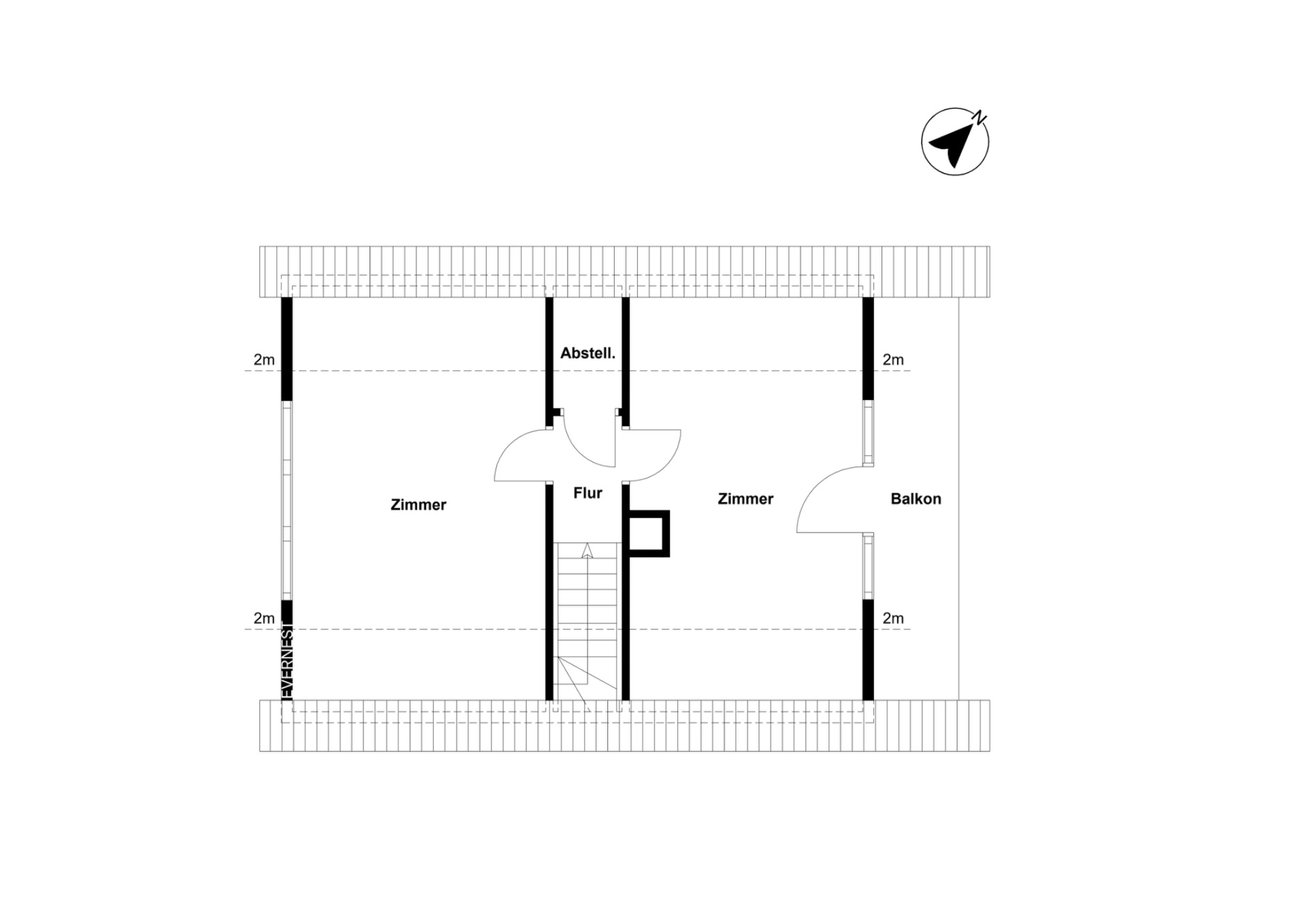 Grundriss mit zwei Zimmern, Flur, Abstellraum und Balkon.