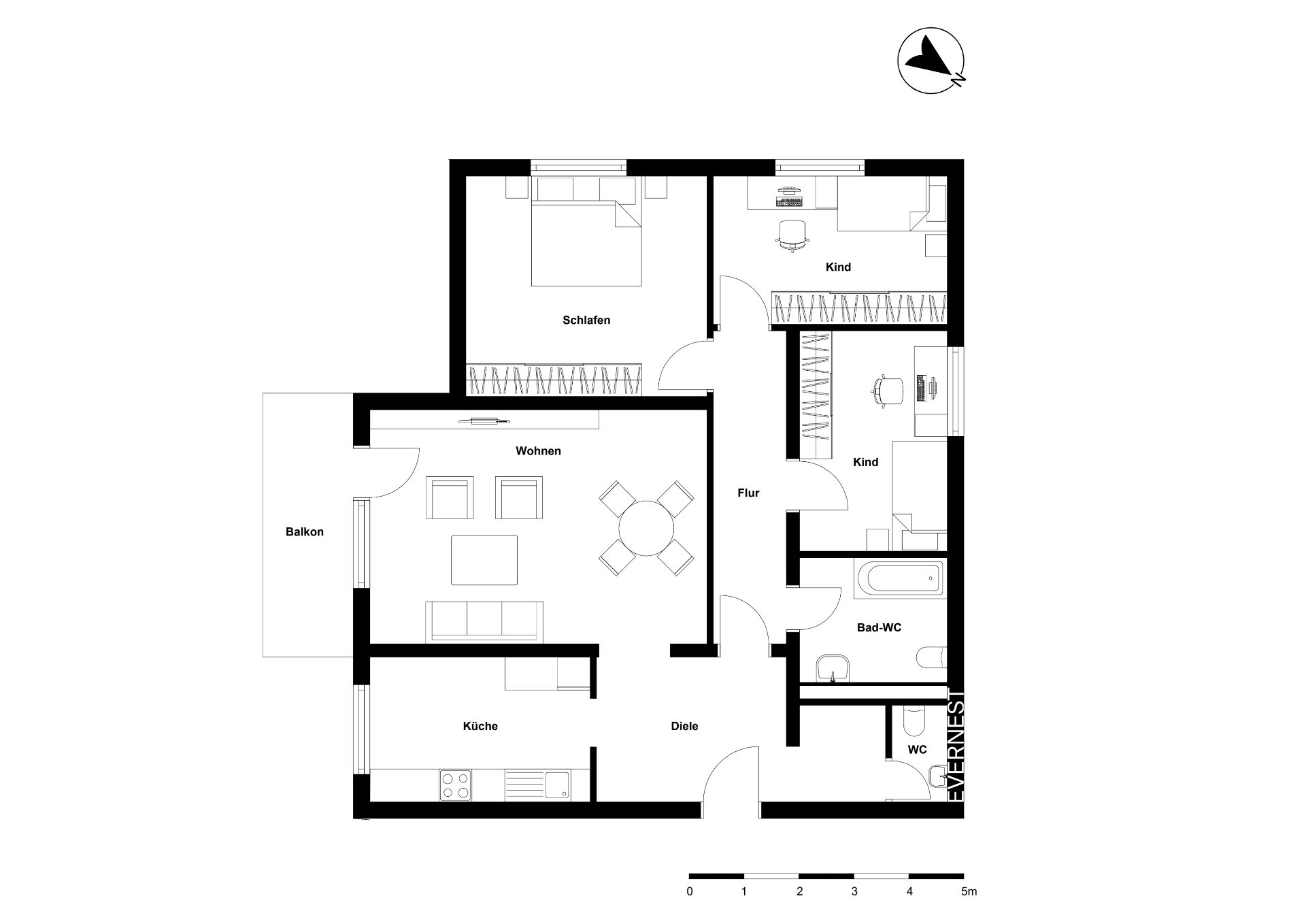 Grundriss einer Wohnung mit drei Schlafzimmern, Wohnzimmer, Küche, Bad, WC und Balkon.
