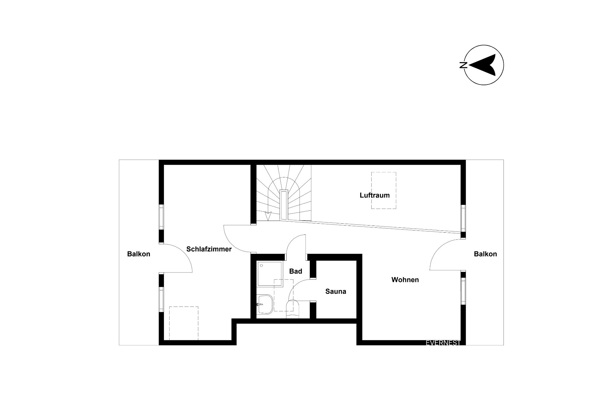 Grundriss mit Schlafzimmer, Bad, Sauna, Wohnraum, Luftraum und zwei Balkonen.