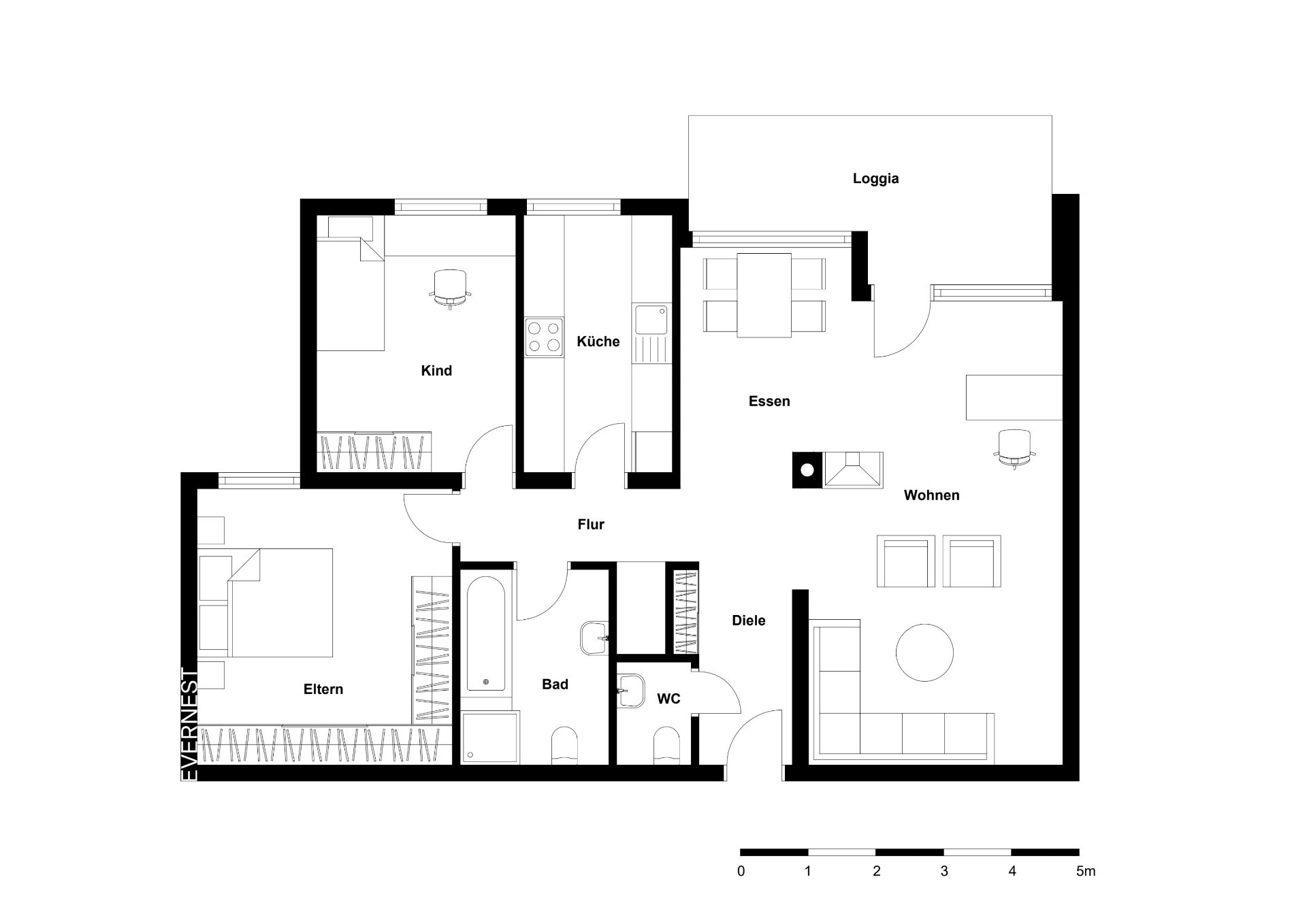 Grundriss einer Wohnung mit zwei Schlafzimmern, Küche, Bad, WC, Wohn- und Essbereich sowie Loggia.