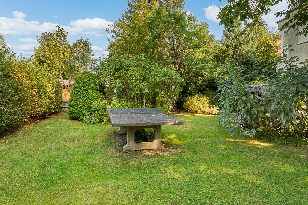 Tischtennisplatte steht auf einer grünen Rasenfläche im Garten mit vielen Büschen und Bäumen.