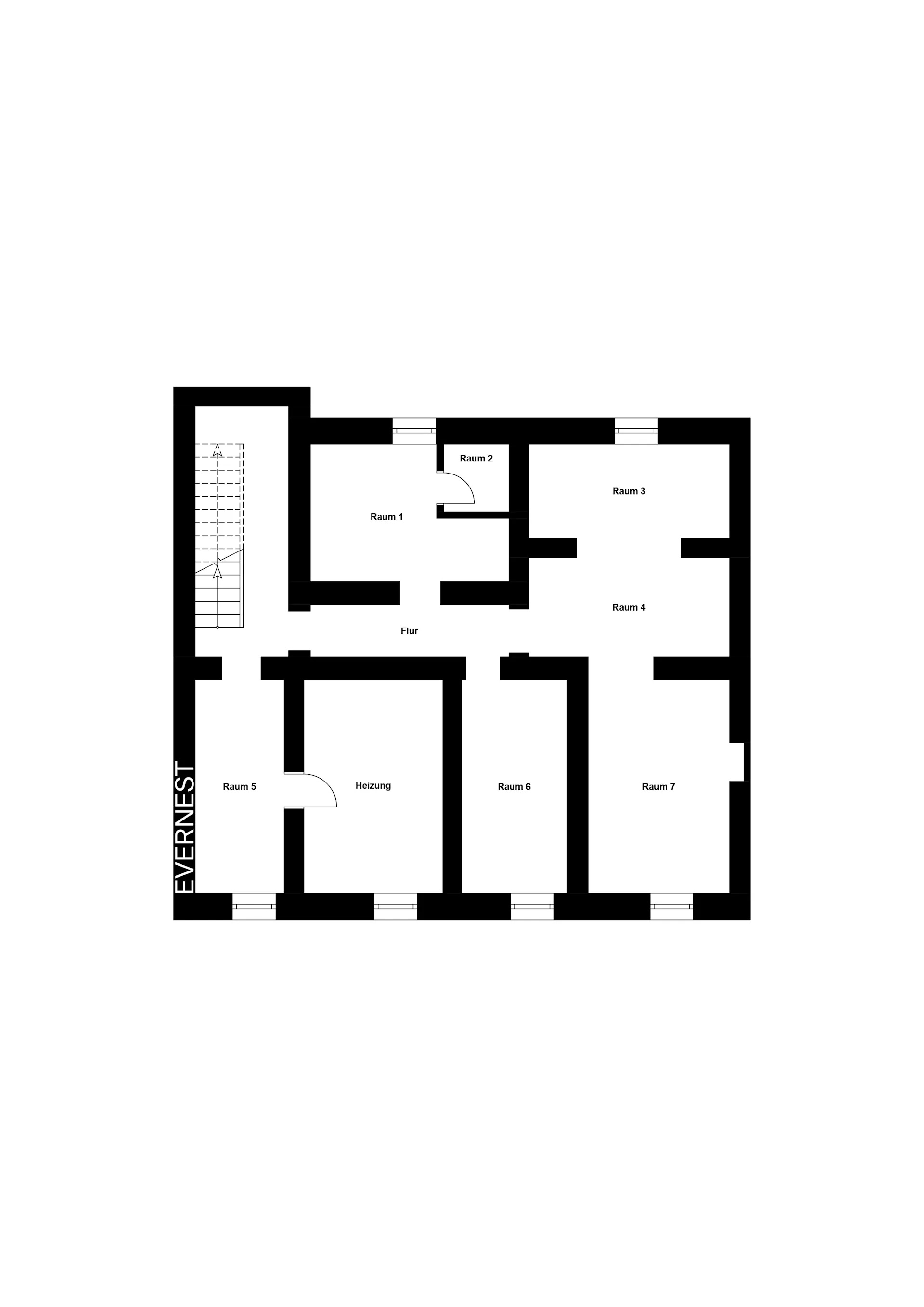 Grundriss mit sieben Räumen, Flur, Heizung und Treppenhaus, Räume sind nummeriert.