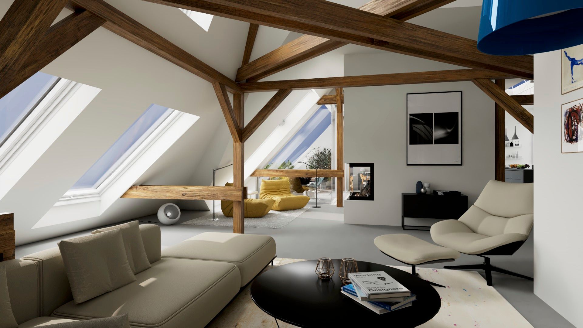 Helles Wohnzimmer im Dachgeschoss mit Holzbalken, Sofa, Sessel und großen Dachfenstern.