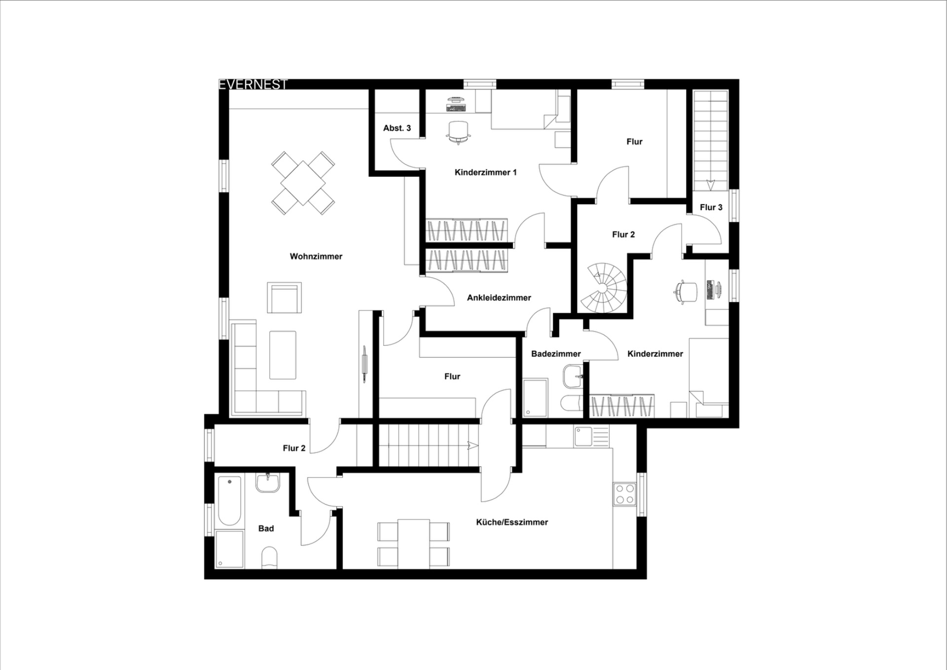 Grundriss einer Wohnung mit Wohnzimmer, Küche, Bad und mehreren Zimmern.
