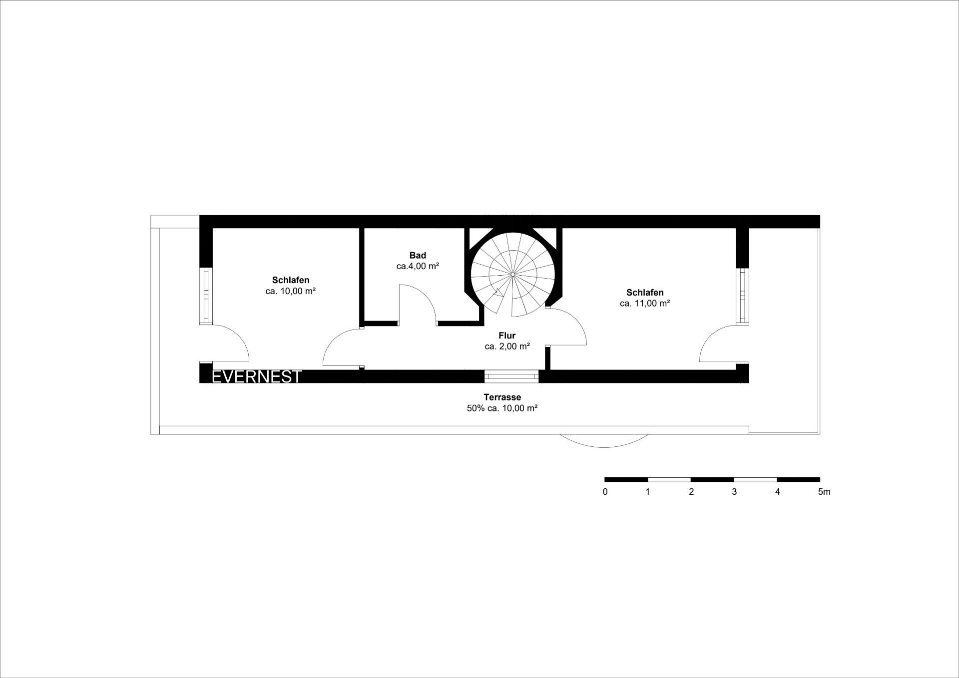 Grundriss mit zwei Schlafzimmern, Bad, Flur, Treppe und Terrasse.