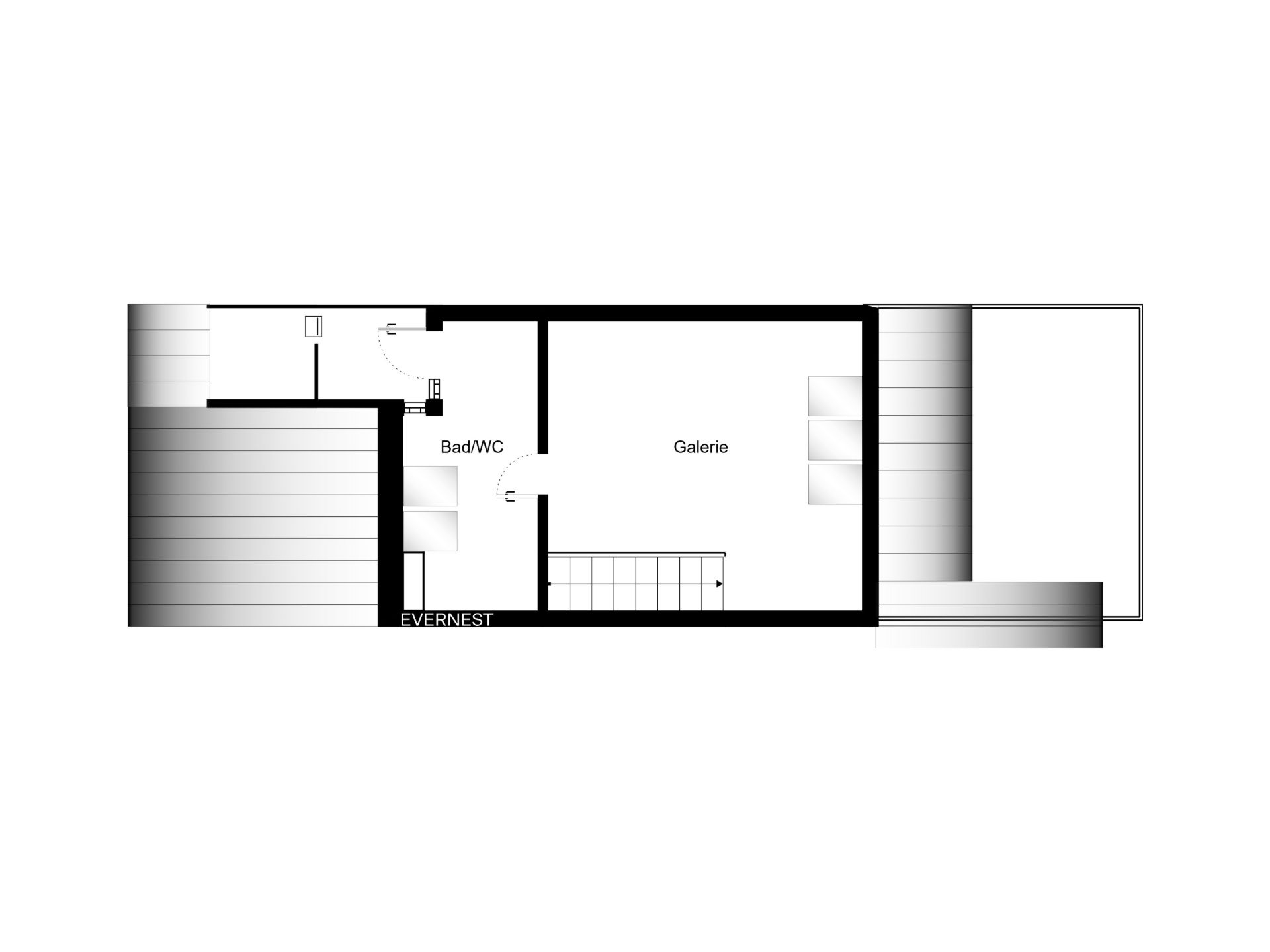 Grundriss mit Galerie und Bad/WC, Treppenaufgang in der Mitte des Plans.
