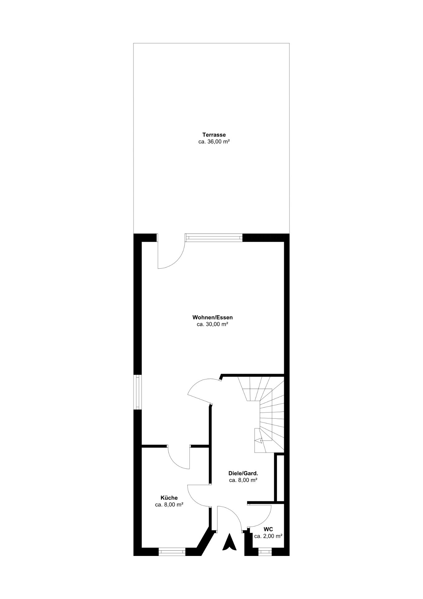 Grundriss eines Erdgeschosses mit Terrasse, Wohn-/Esszimmer, Küche, WC und Flur.