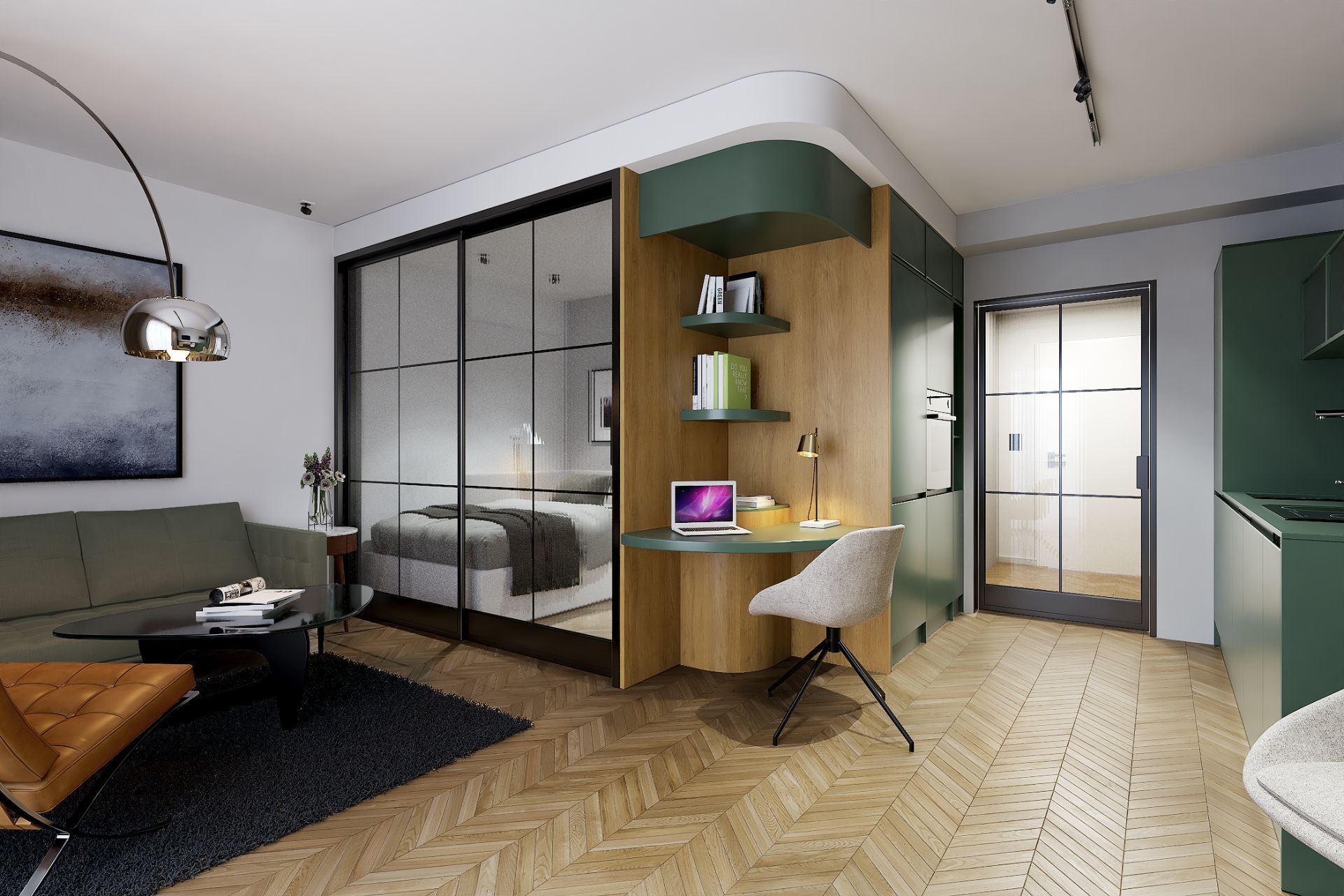 Modernes Apartment mit Sofa, Schreibtisch, Regalen und Sicht auf ein Bett hinter Glastüren.