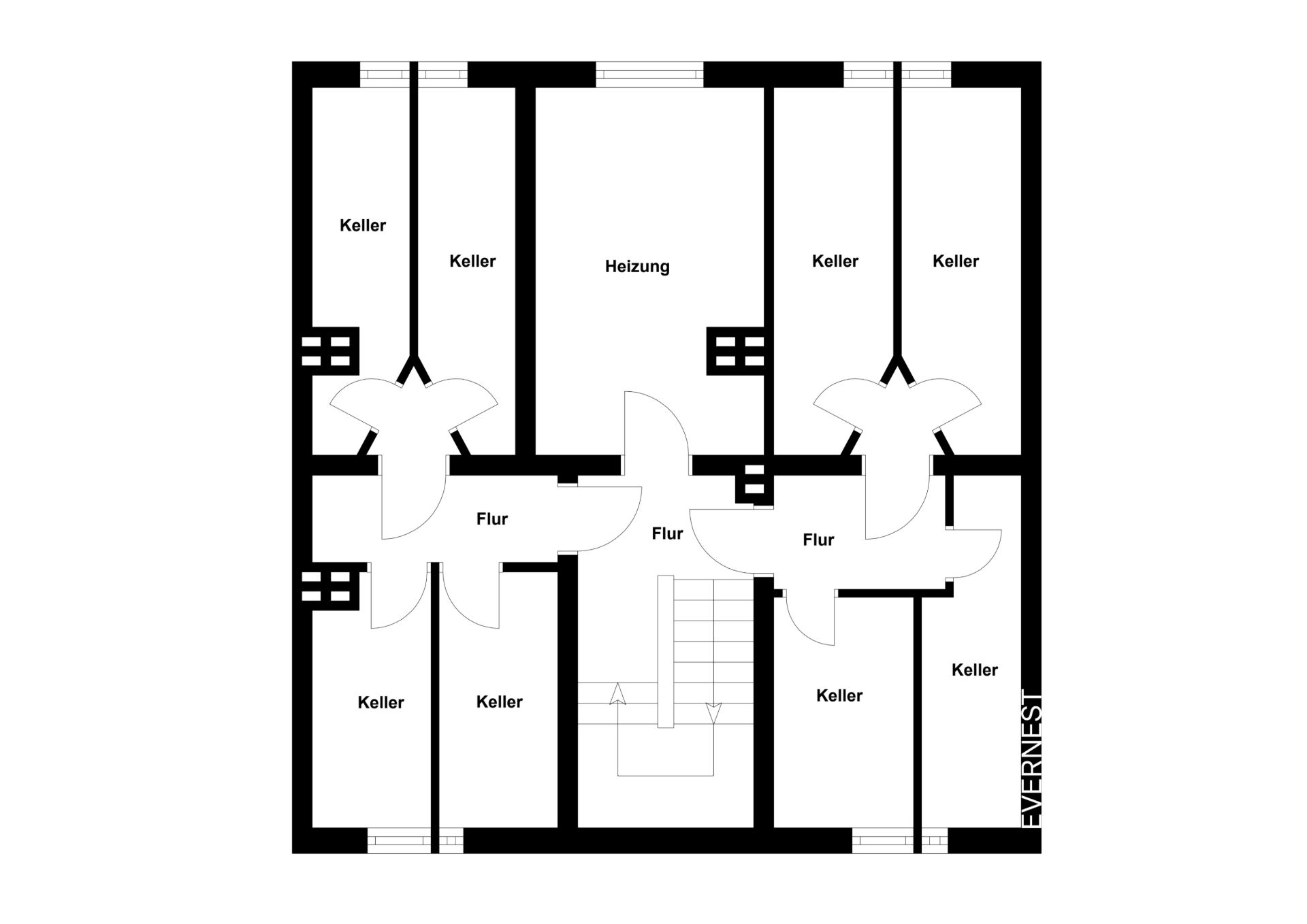 Grundriss mit mehreren Kellerräumen, Heizungsraum und Flur in einem Wohnhaus.