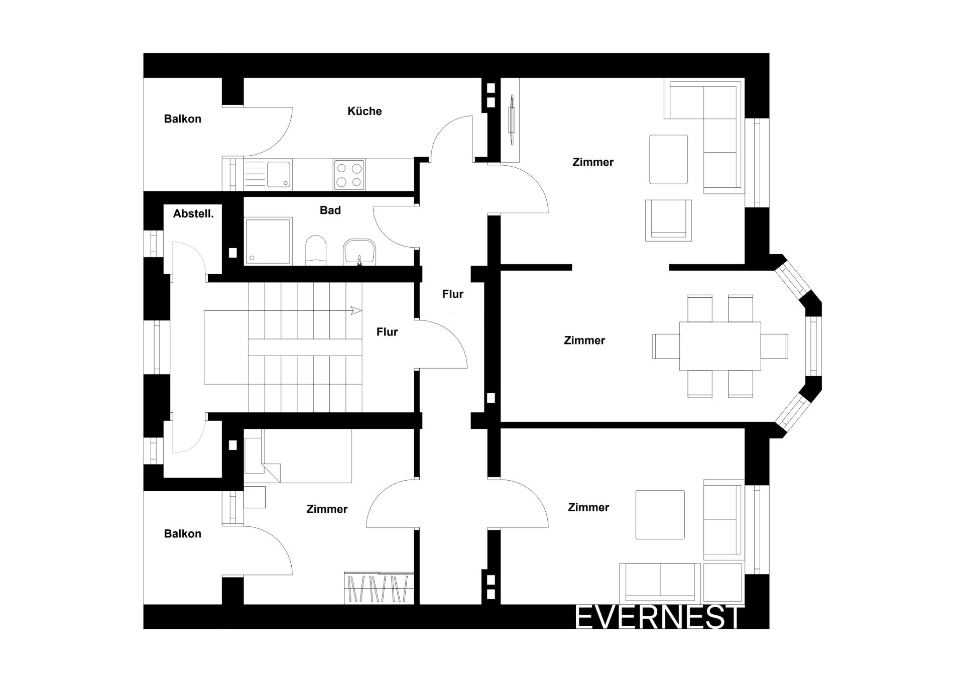Grundriss einer Wohnung mit drei Zimmern, Küche, Bad, Abstellraum und zwei Balkonen.