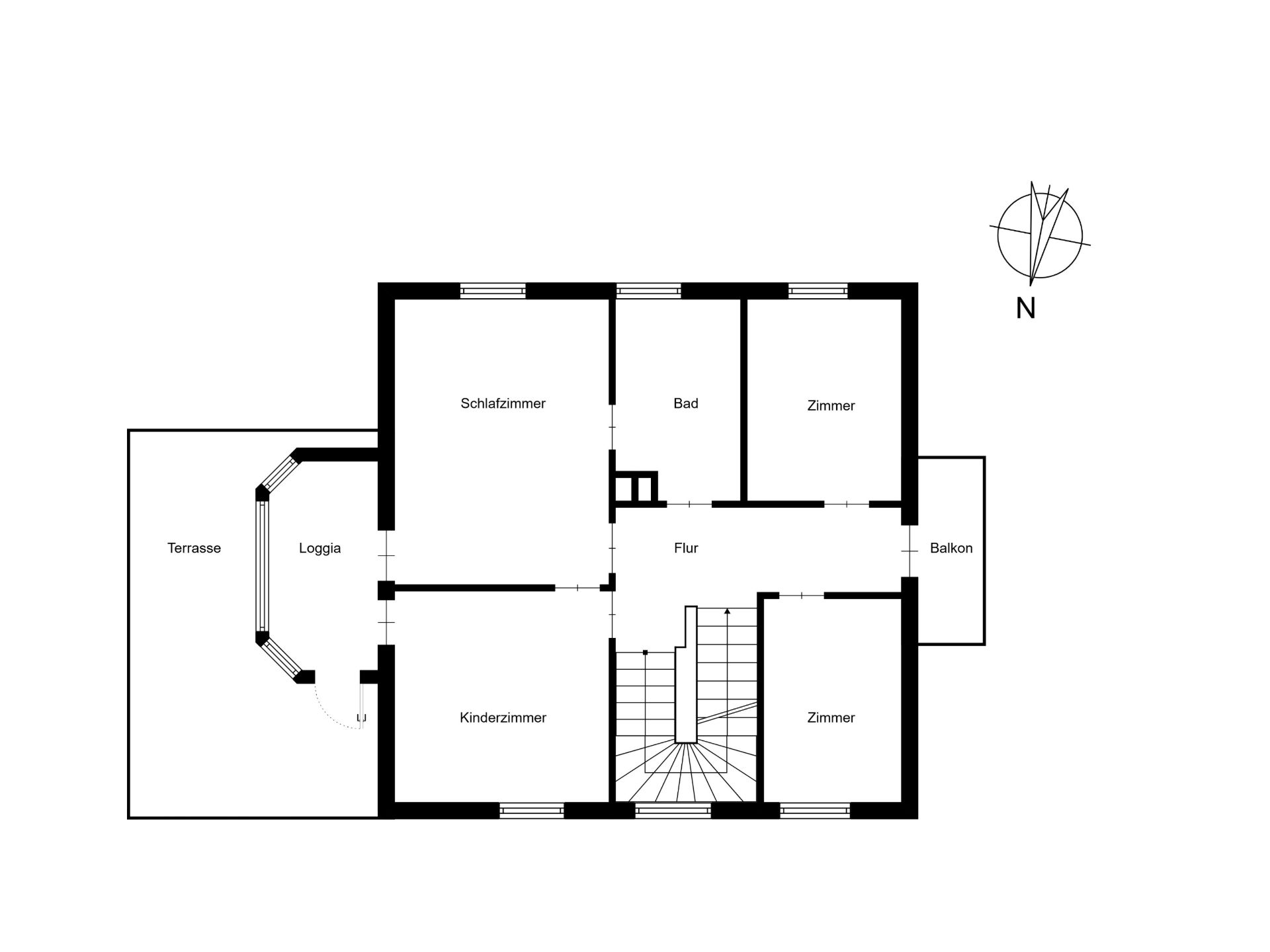 Grundriss mit Schlafzimmer, Kinderzimmer, zwei Zimmern, Bad, Flur, Terrasse, Loggia und Balkon.