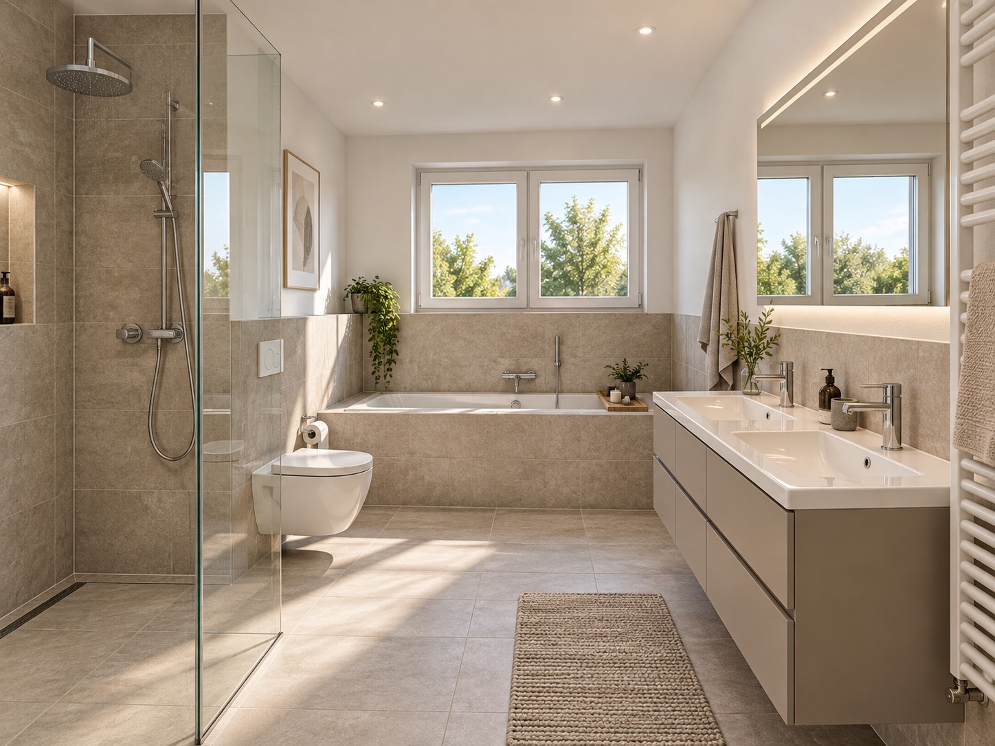 Modernes Badezimmer mit Dusche, Badewanne, Doppelwaschbecken und großem Fenster.