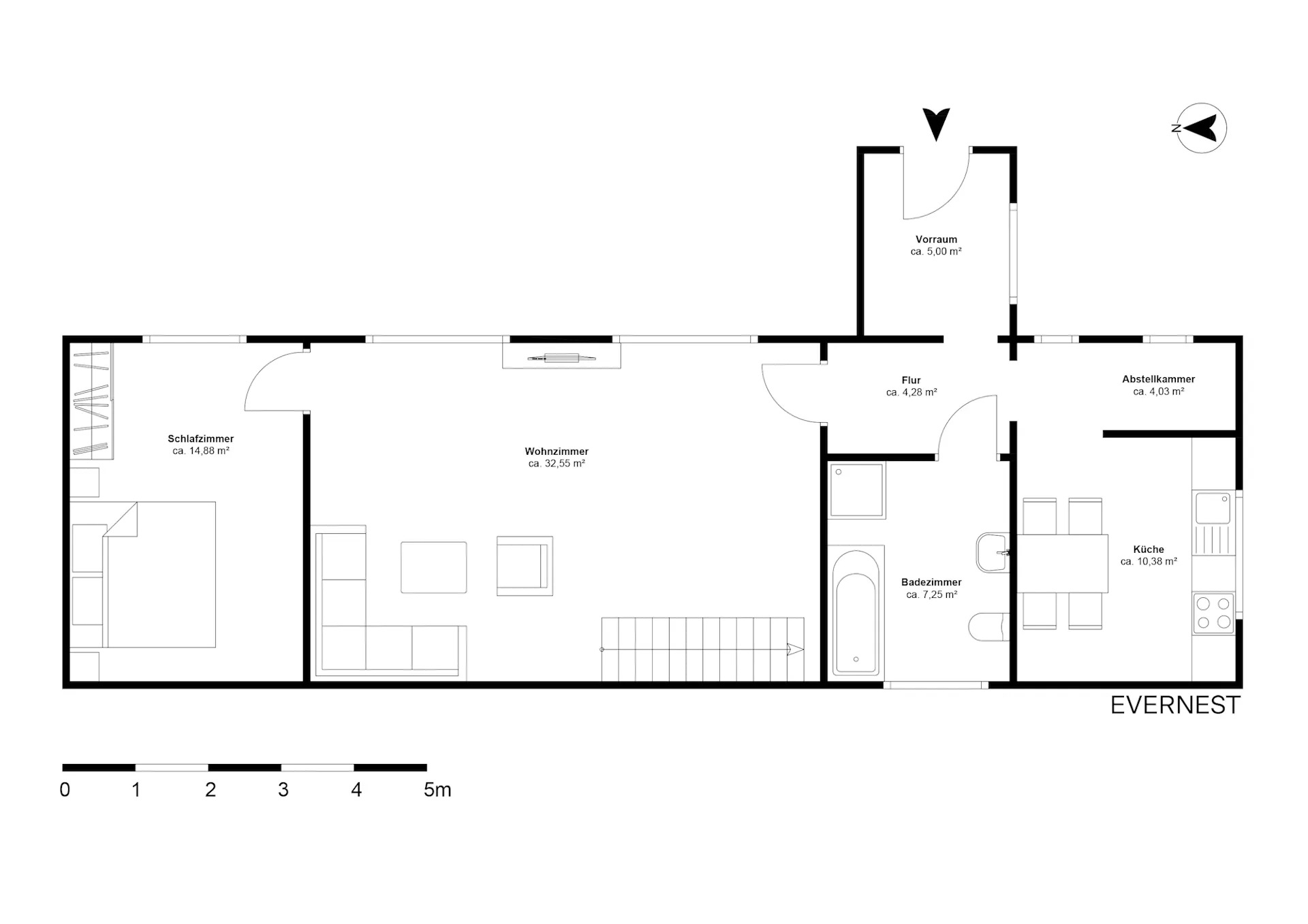 Grundriss einer Wohnung mit Schlafzimmer, Wohnzimmer, Küche, Bad, Abstellkammer und Flur.