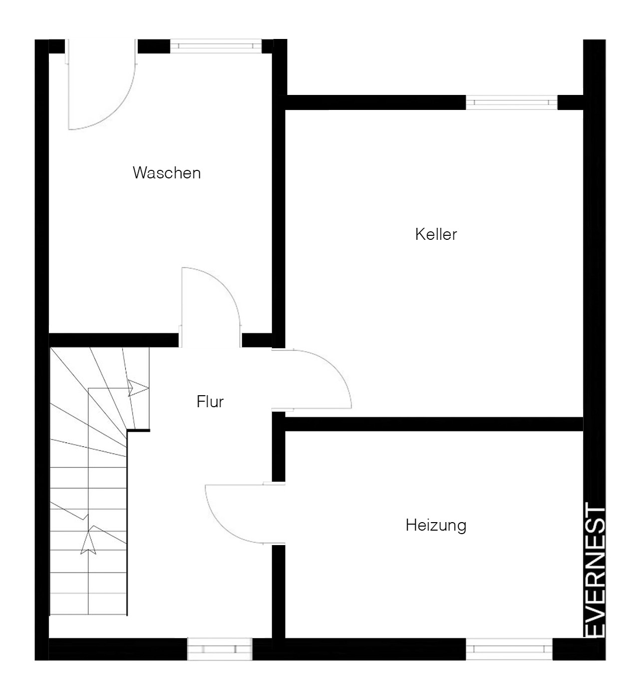 Grundriss mit Räumen: Waschen, Keller, Heizung und Flur.