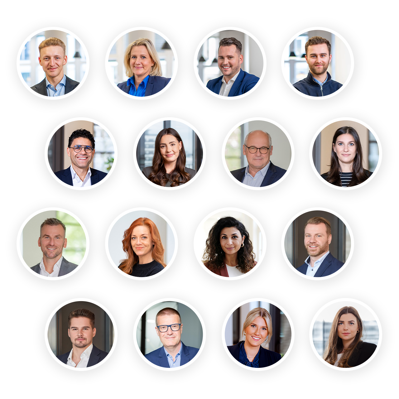 Sechzehn Porträtfotos von Personen vor neutralem Hintergrund, kreisförmig angeordnet.