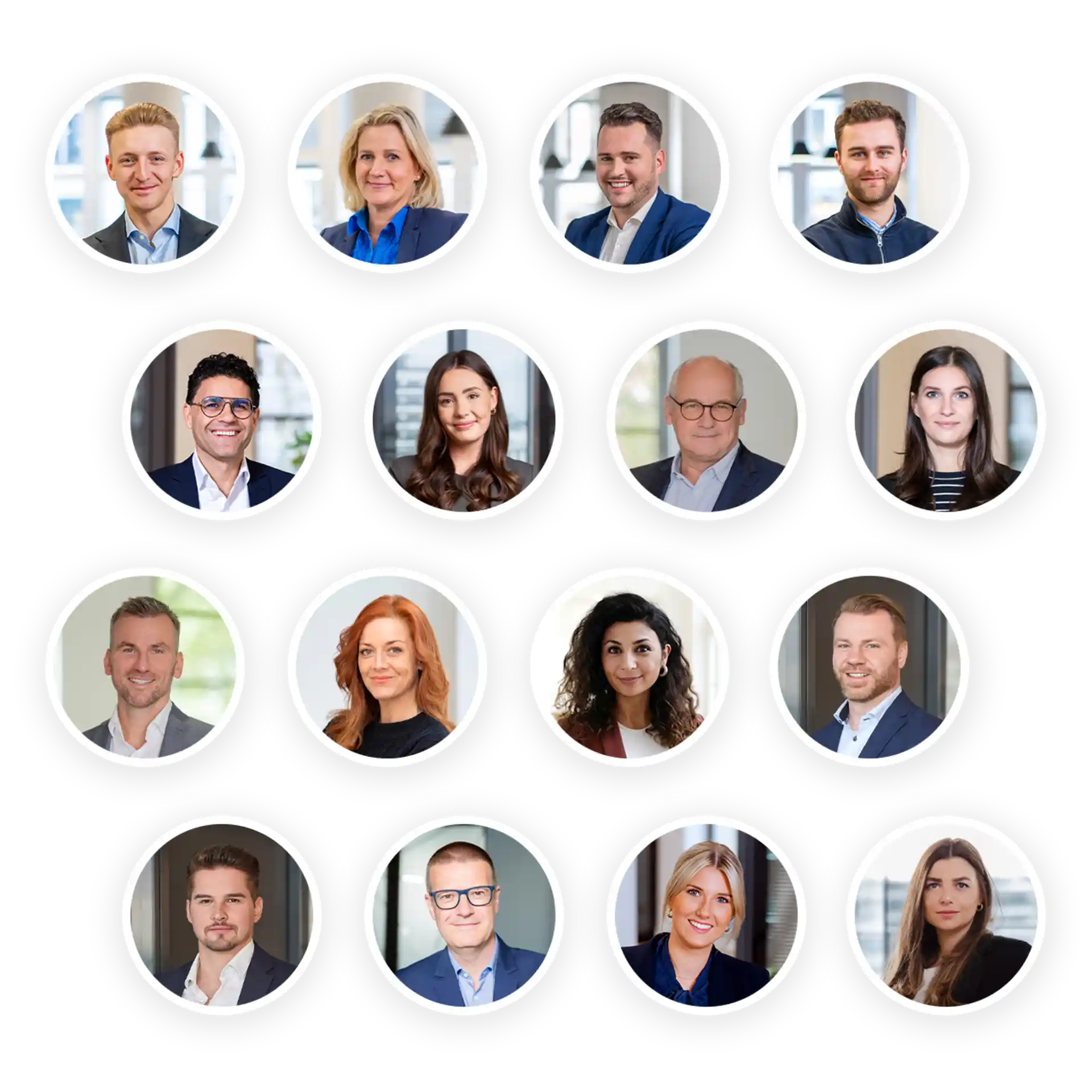 Sechzehn Porträtfotos von Personen vor neutralem Hintergrund, kreisförmig angeordnet.
