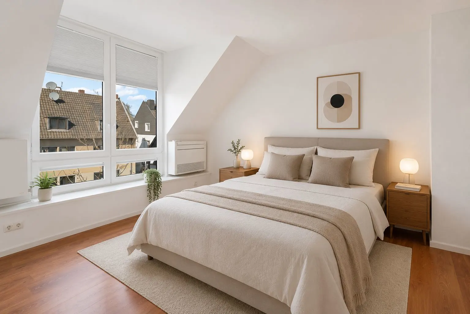 Helles Schlafzimmer mit großem Bett, Nachttischen, Lampen und Fenstern mit Blick nach draußen.