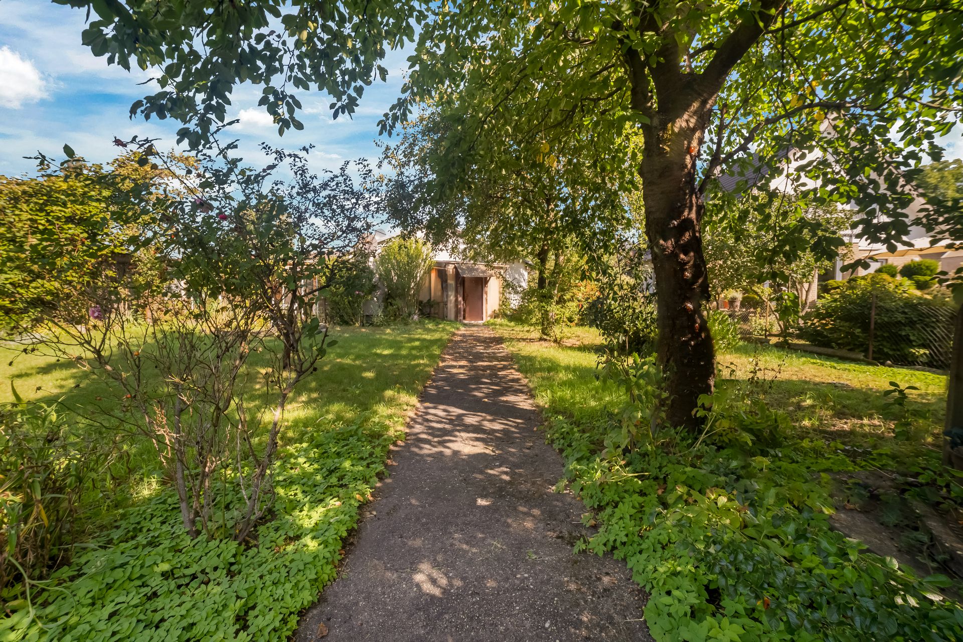 Garten mit Rasen, Bäumen und einem Weg zu einem kleinen Gebäude im Hintergrund.