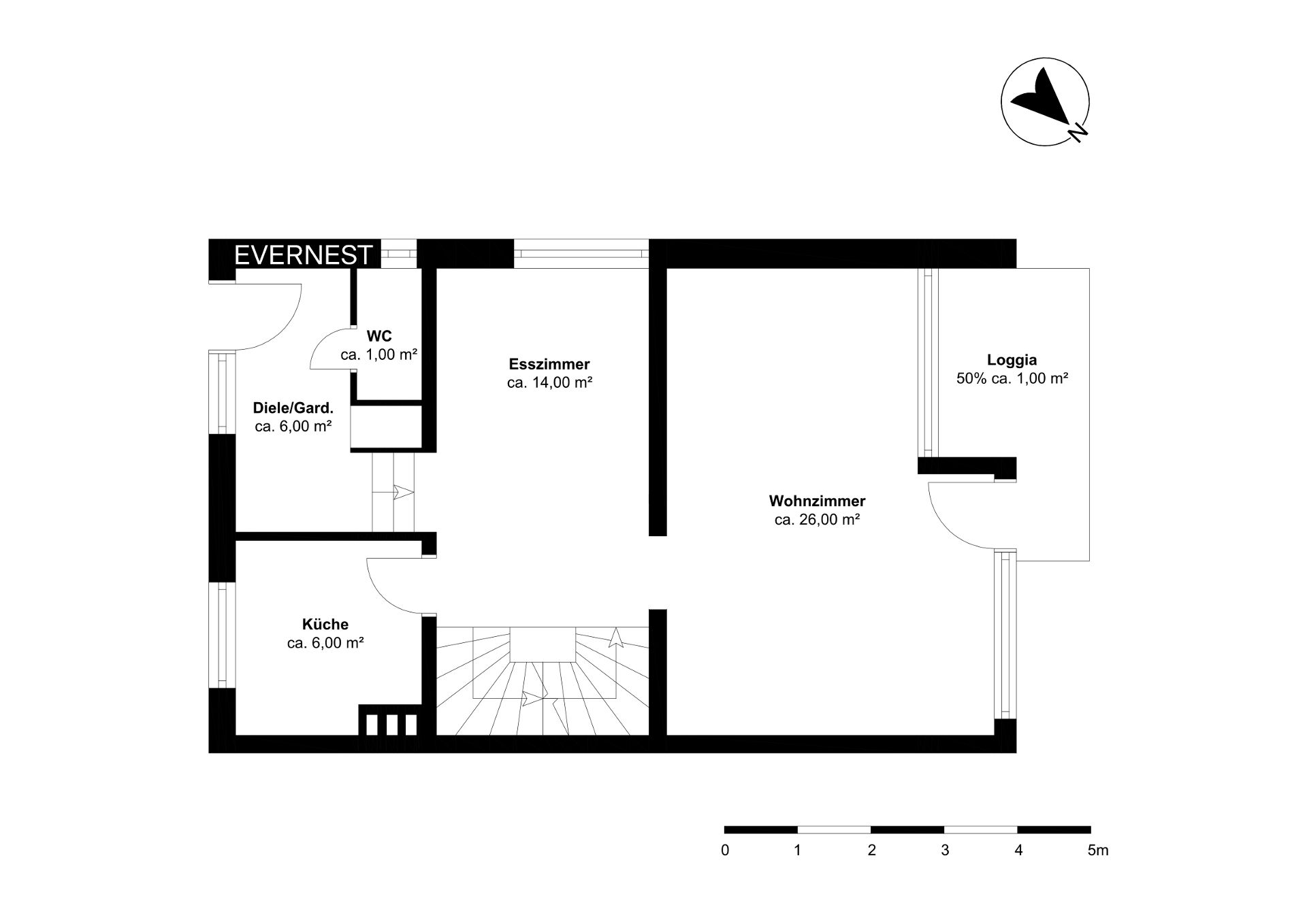 Grundriss einer Wohnung mit Küche, Wohnzimmer, Esszimmer, WC, Diele und Loggia.