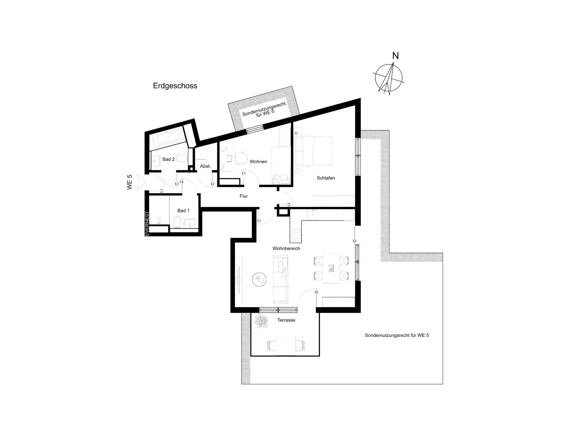 Grundriss einer Wohnung mit zwei Schlafzimmern, zwei Bädern, Wohnbereich, Küche und Terrasse.