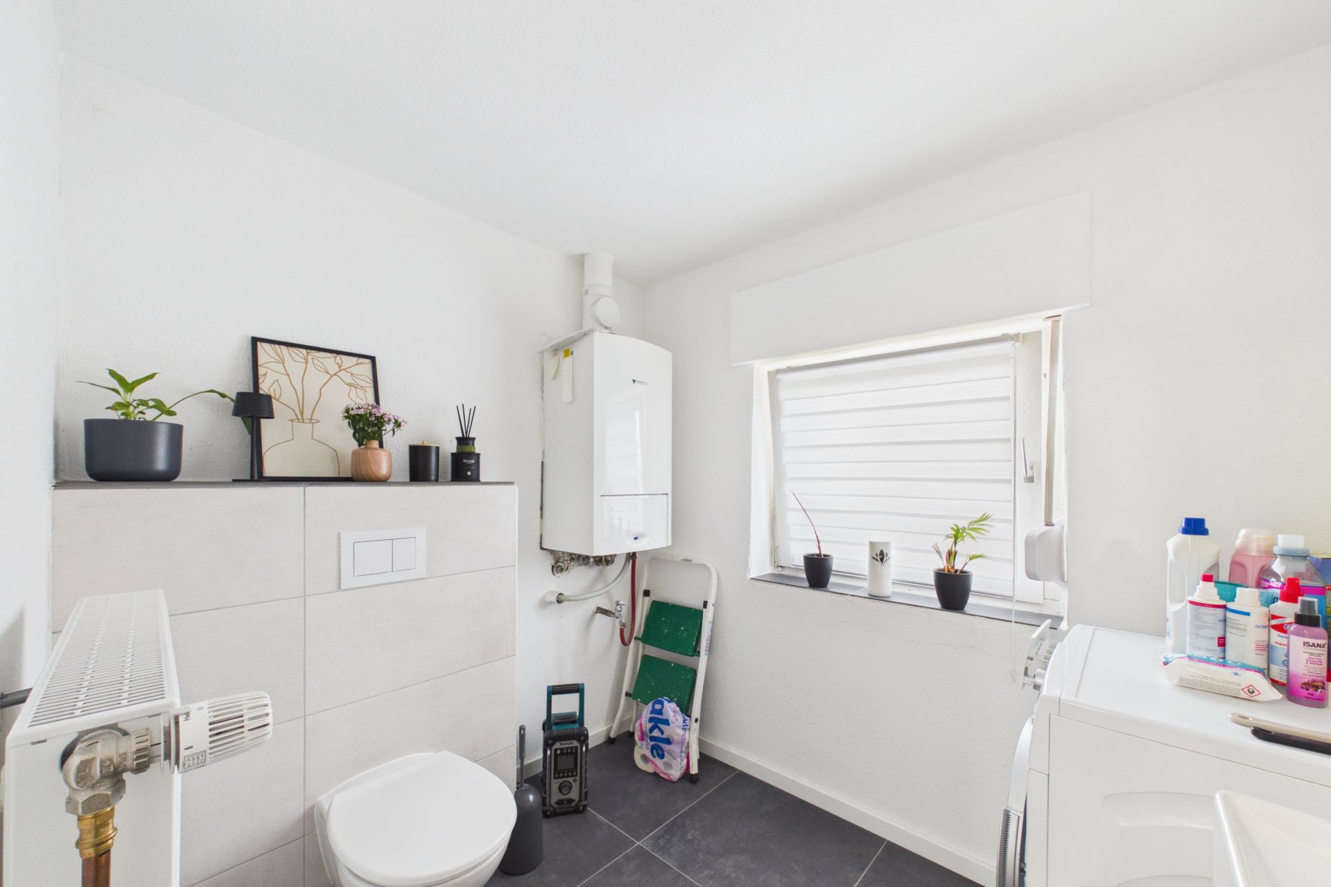 Helles Badezimmer mit Toilette, Fenster, Pflanzen, Waschmaschine und verschiedenen Reinigungsmitteln.
