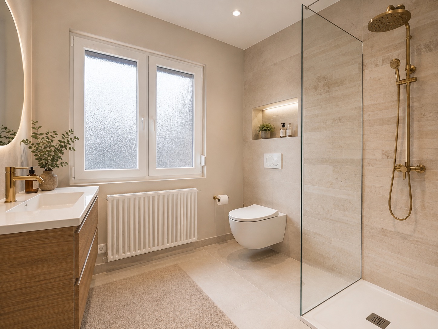 Modernes Badezimmer mit bodengleicher Dusche, Wandtoilette, Waschbecken und Fenster.