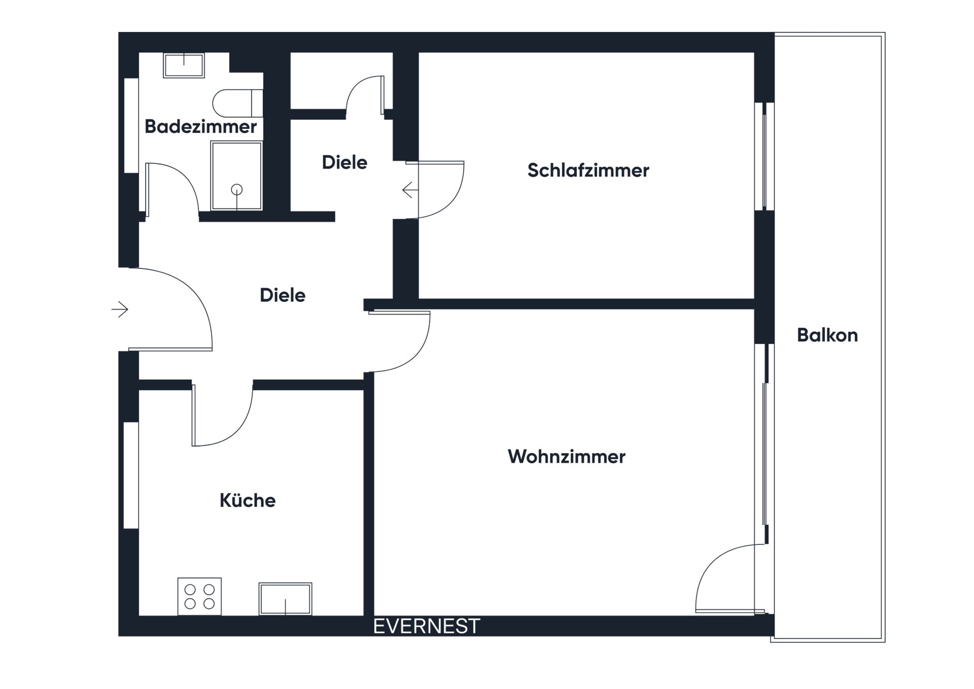 Grundriss einer Wohnung mit Schlafzimmer, Wohnzimmer, Küche, Badezimmer und Balkon.